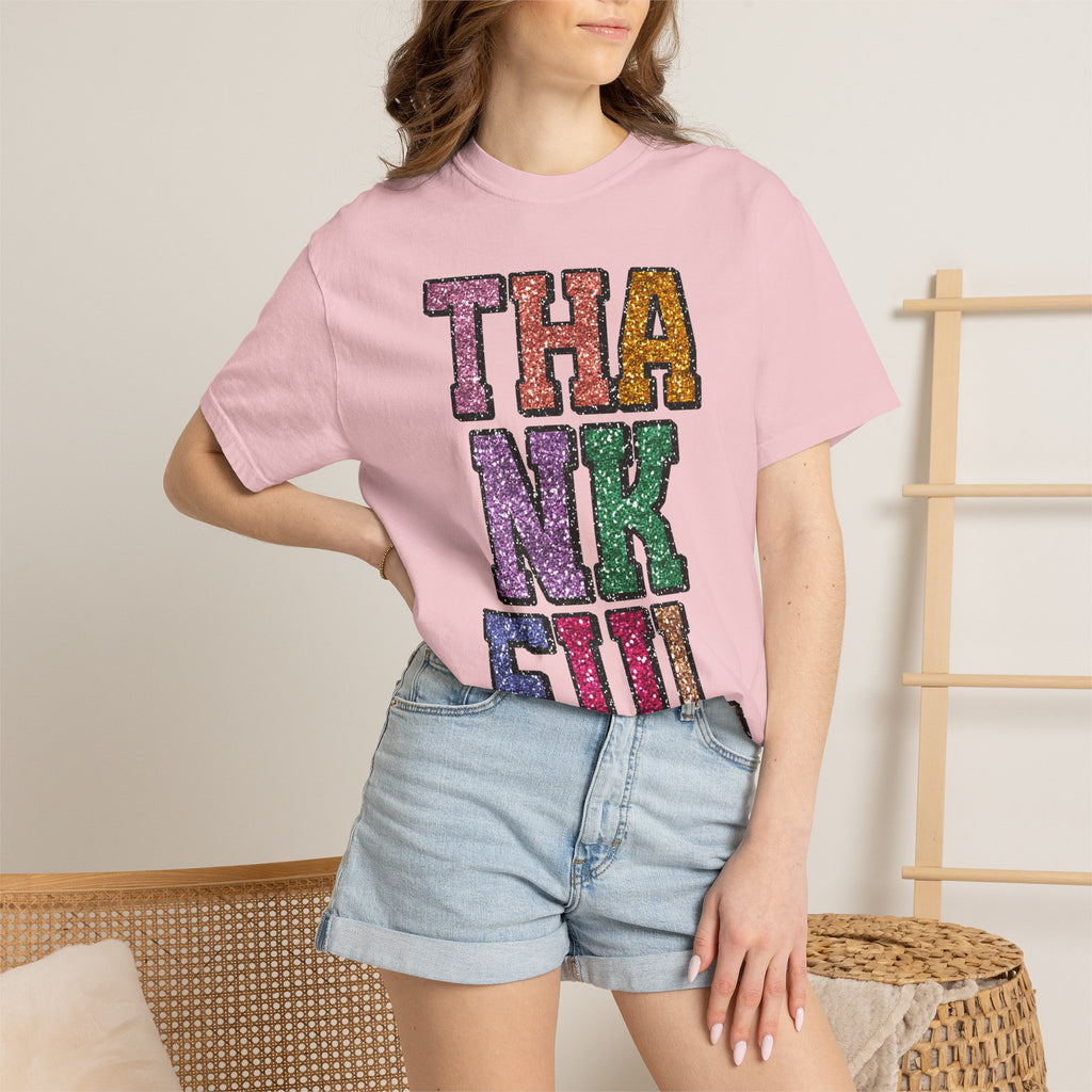 Thankful Glitter Block Tee - Colorful Thanksgiving Gratitude T-Shirt