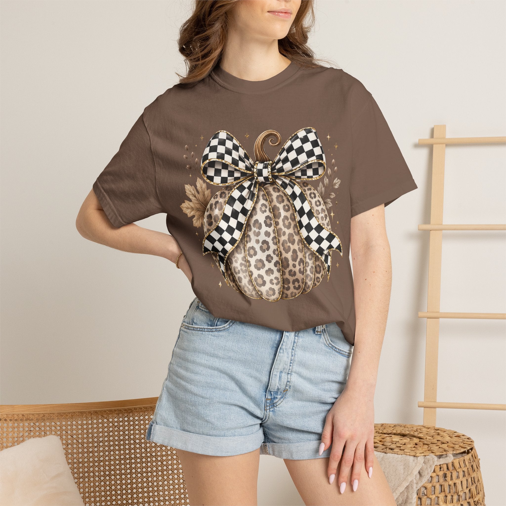 Leopard Pumpkin Tee with Black & White Check Bow — Fall Graphic T-Shirt