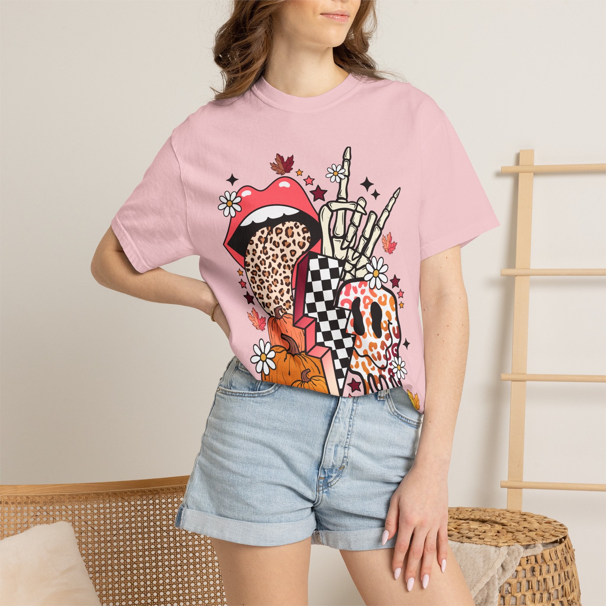 Graphic T-Shirt — Retro Halloween Collage (pumpkin, melting skull, checkerboard, leopard tongue)