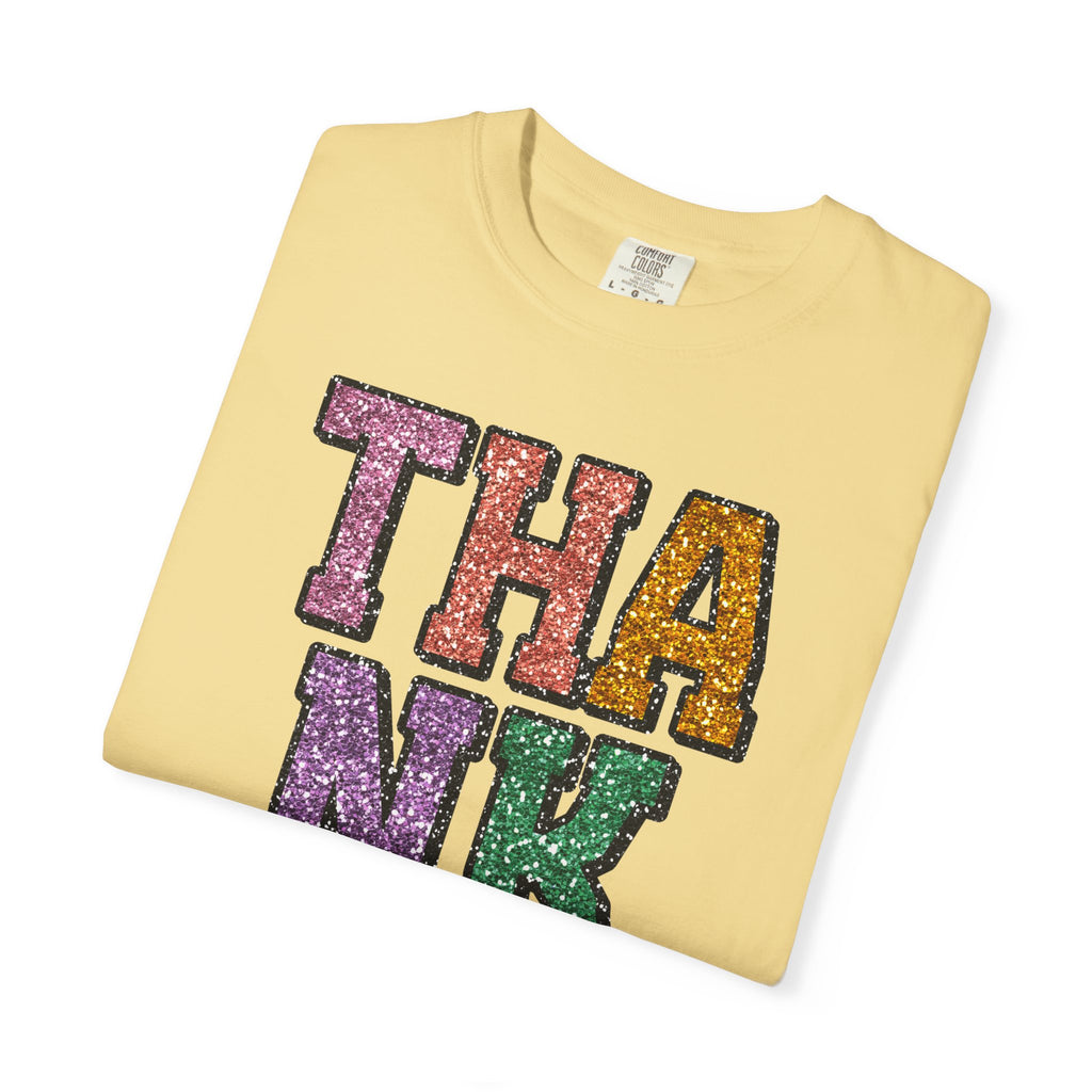 Thankful Glitter Block Tee - Colorful Thanksgiving Gratitude T-Shirt