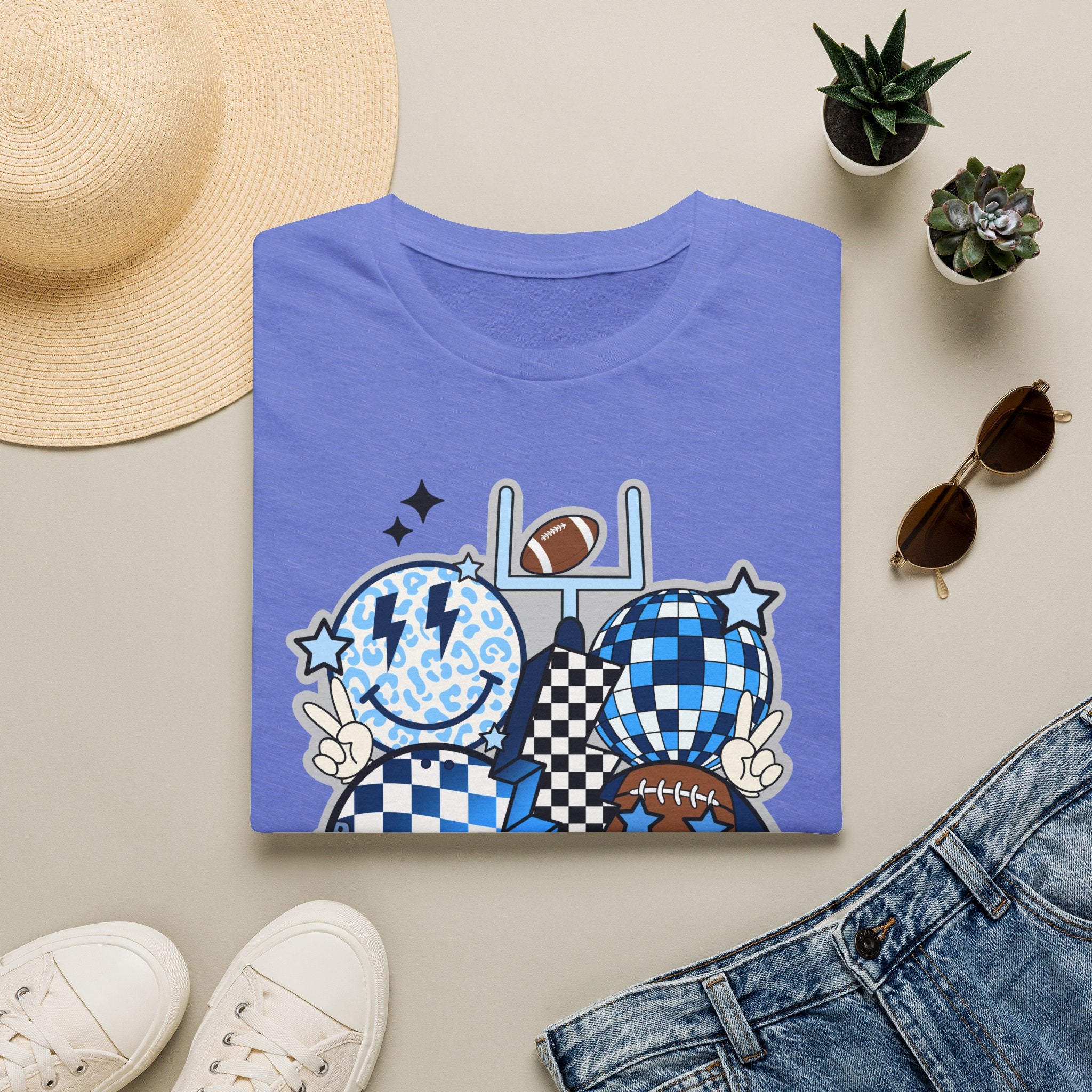 Blue Football Crew Graphic T‑Shirt — Checkerboard Smiley Tailgate Tee