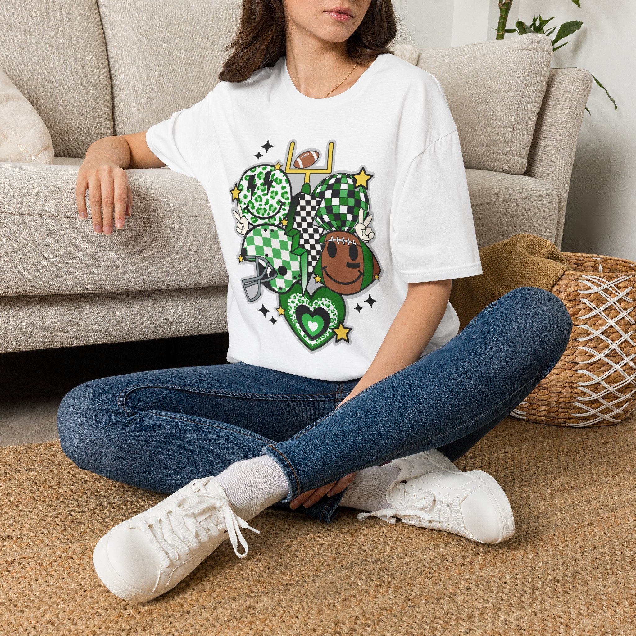 Football Green Checker Crewneck T-Shirt — St. Patrick’s Game Day Graphic