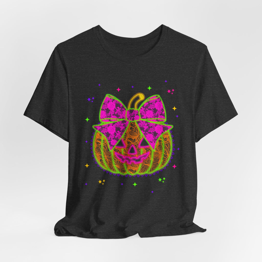 Neon Pumpkin Bow T-Shirt — Cute Glowing Halloween Jack-O'-Lantern Tee