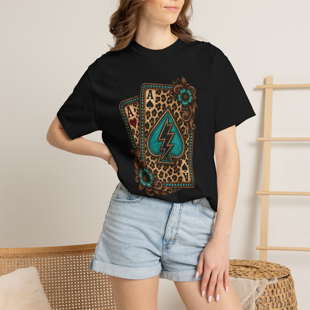Leopard Ace Playing Cards T-Shirt — Turquoise Lightning Spade Graphic