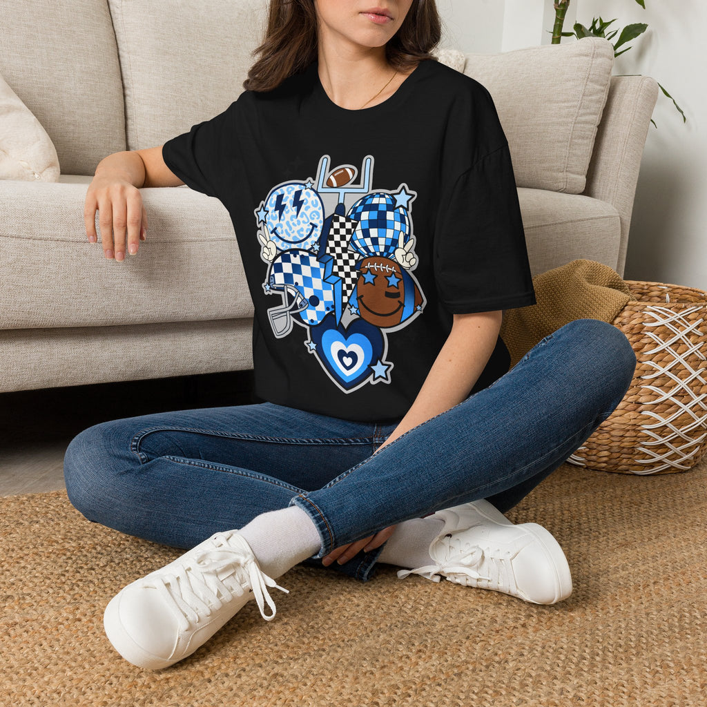 Blue Football Crew Graphic T‑Shirt — Checkerboard Smiley Tailgate Tee