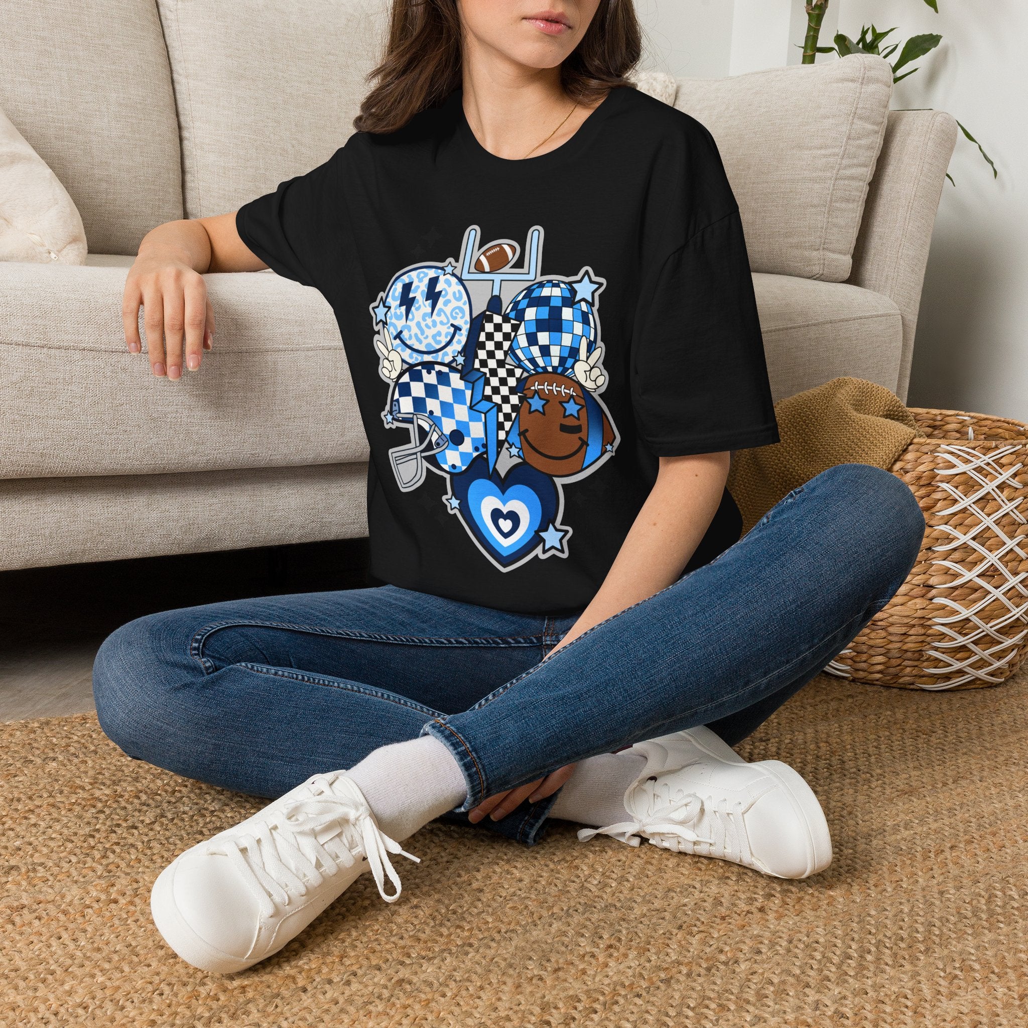 Blue Football Crew Graphic T‑Shirt — Checkerboard Smiley Tailgate Tee