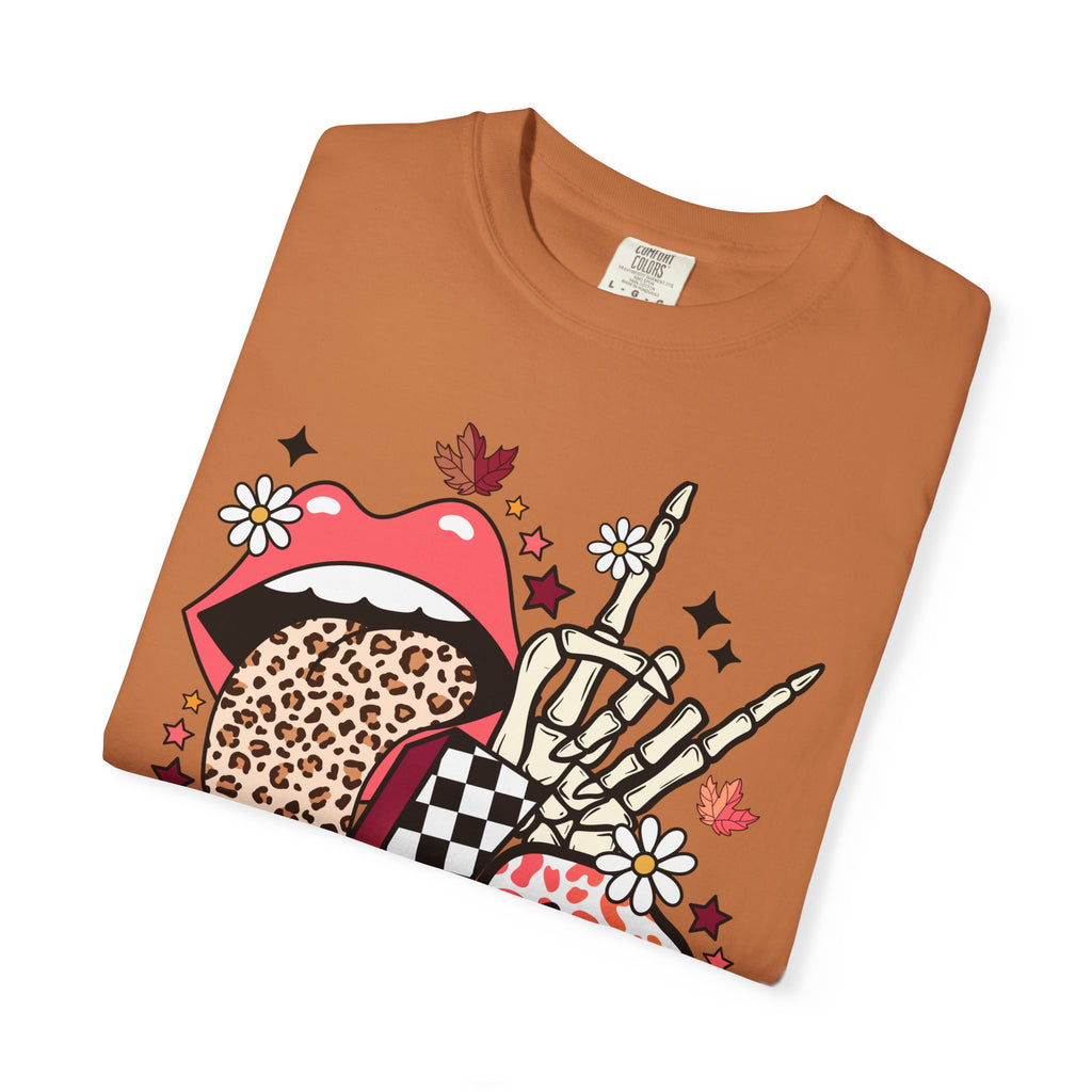 Graphic T-Shirt — Retro Halloween Collage (pumpkin, melting skull, checkerboard, leopard tongue)