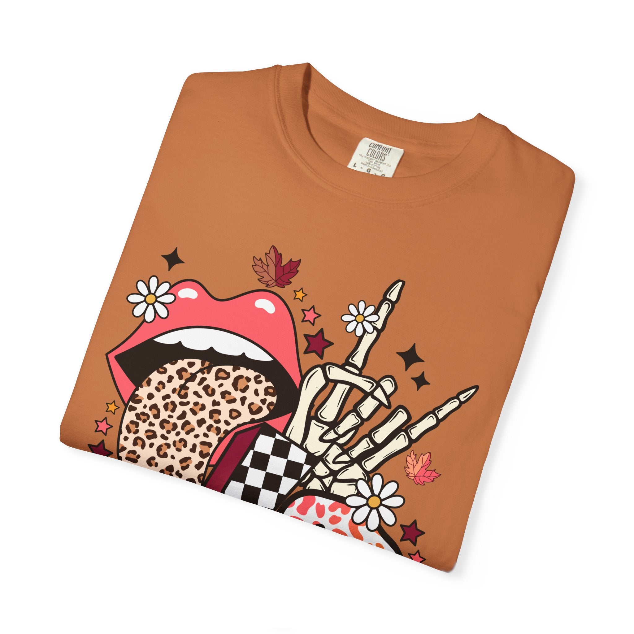 Graphic T-Shirt — Retro Halloween Collage (pumpkin, melting skull, checkerboard, leopard tongue)