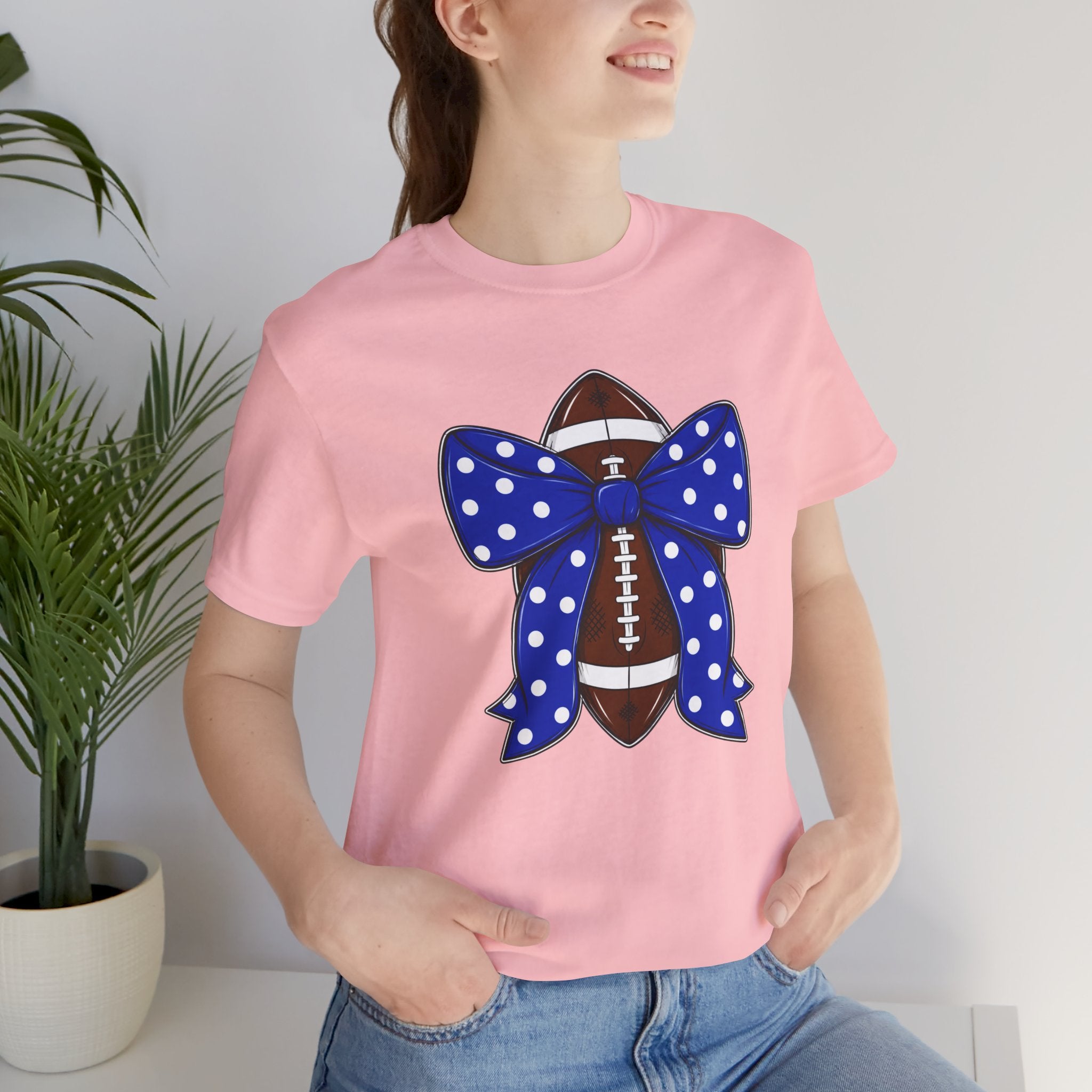 Football with Blue Polka Dot Bow T-Shirt