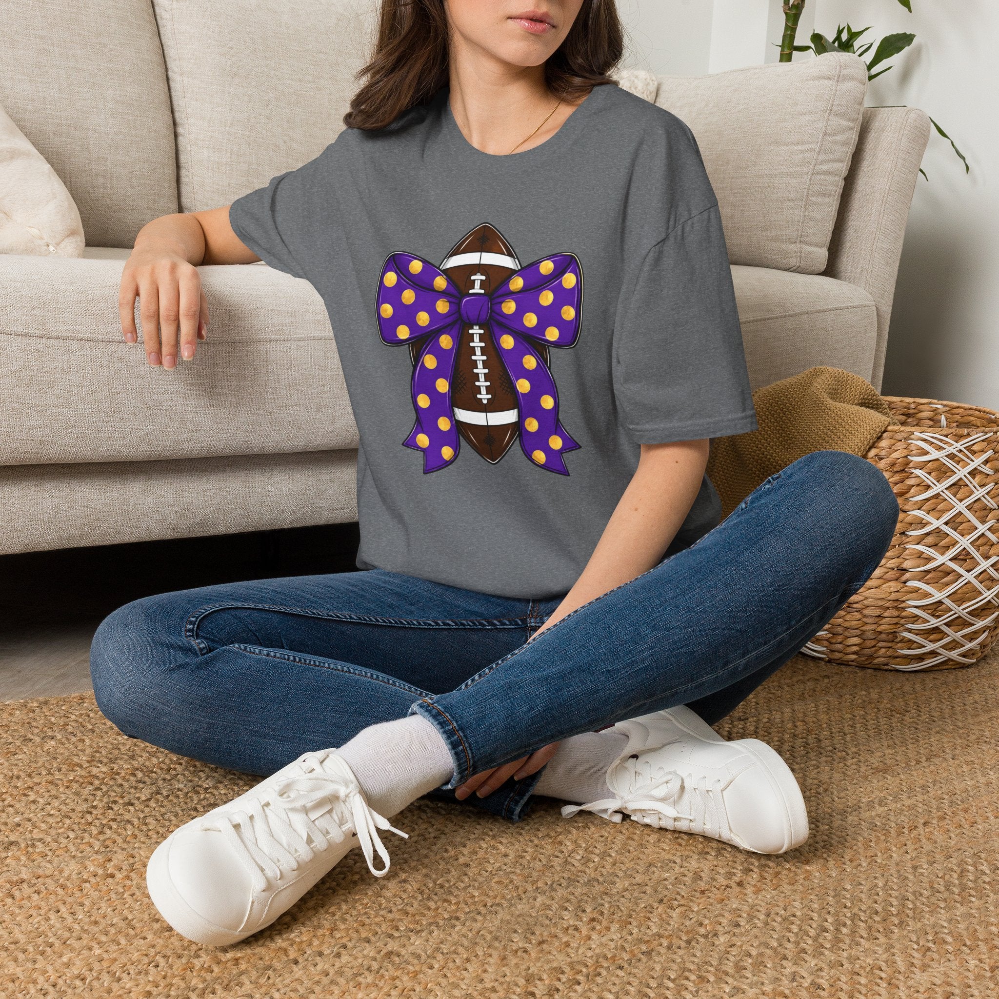 Football With Purple Polka Dot Bow T‑Shirt