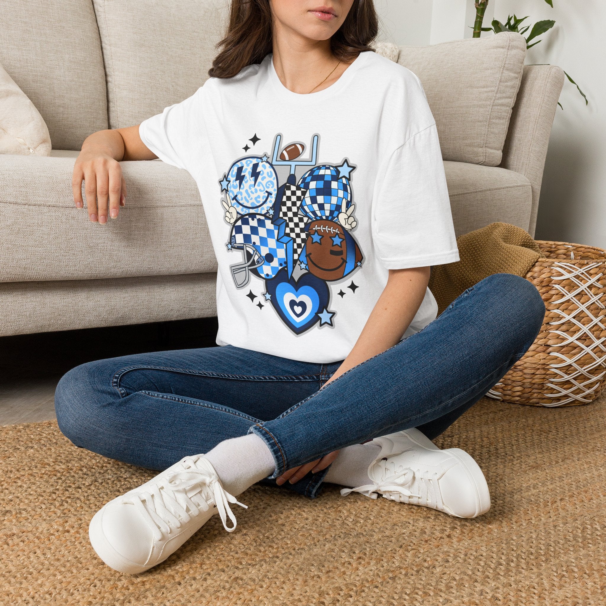Blue Football Crew Graphic T‑Shirt — Checkerboard Smiley Tailgate Tee