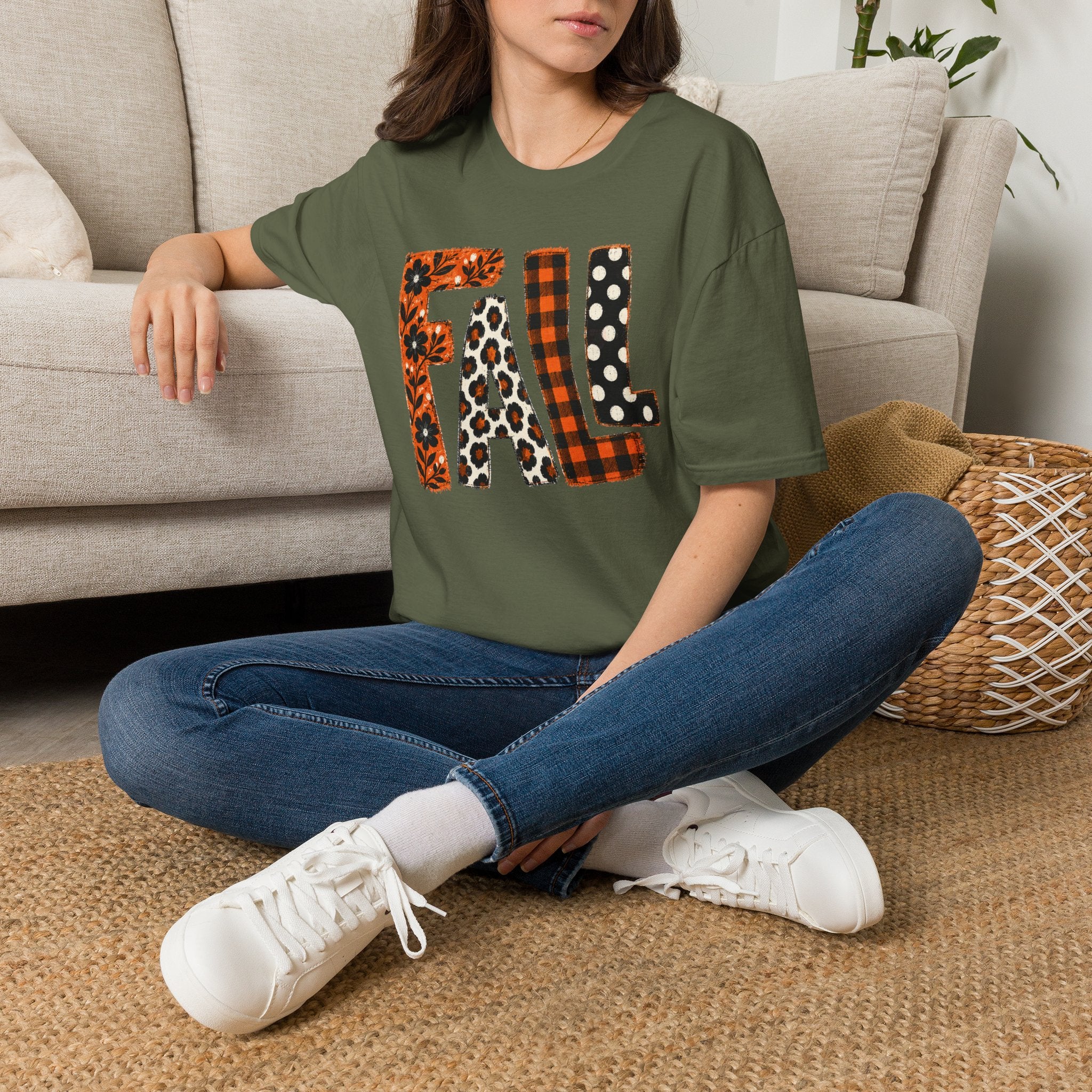 Fall Pattern Lettering T-Shirt — Plaid, Leopard & Polka Dot Seasonal Tee