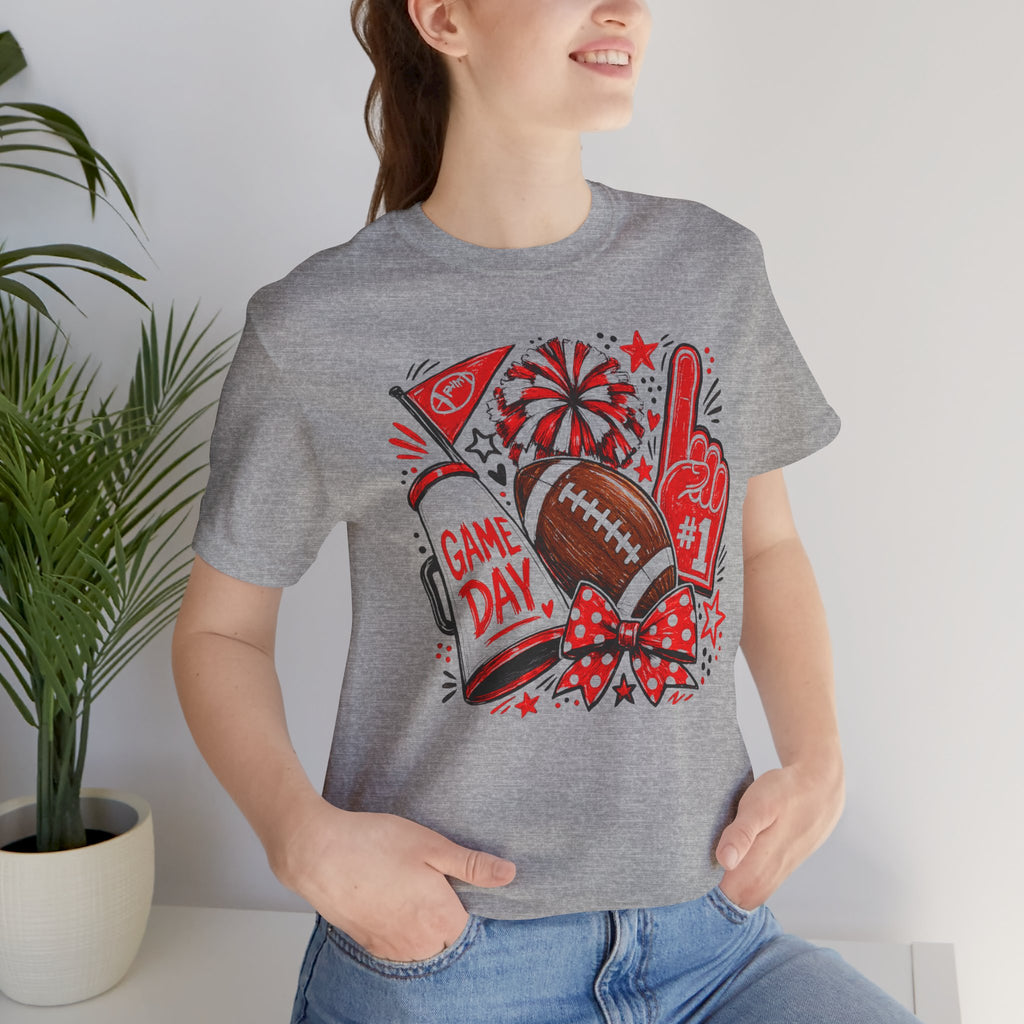 Game Day Football Tee — Red & White Fan Graphic T-Shirt