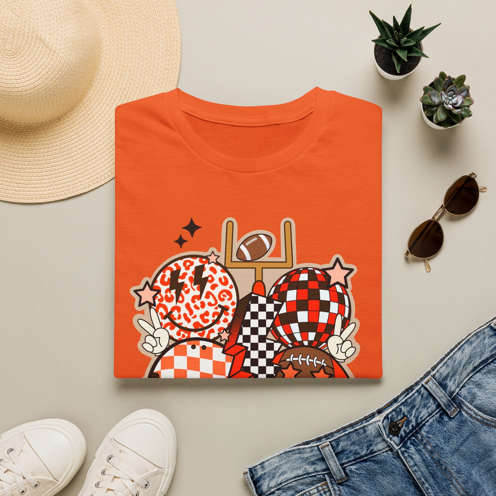 Checker Football Balloons Tee — Orange Game Day Shirt