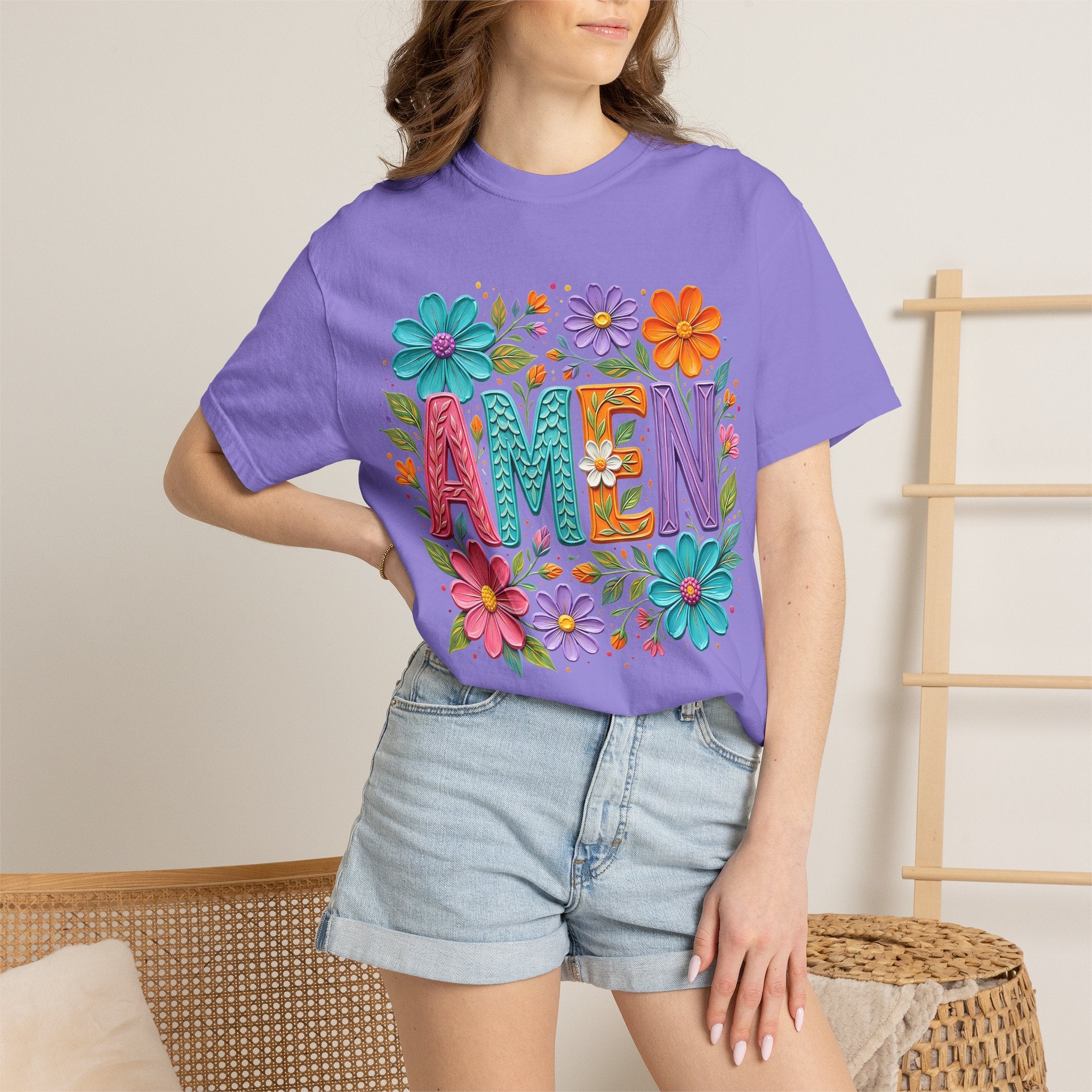 Amen Floral T-Shirt — Colorful Retro Flowers Graphic Tee
