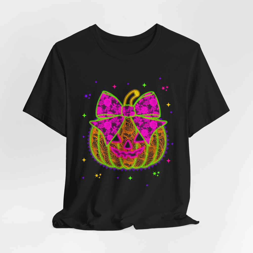 Neon Pumpkin Bow T-Shirt — Cute Glowing Halloween Jack-O'-Lantern Tee