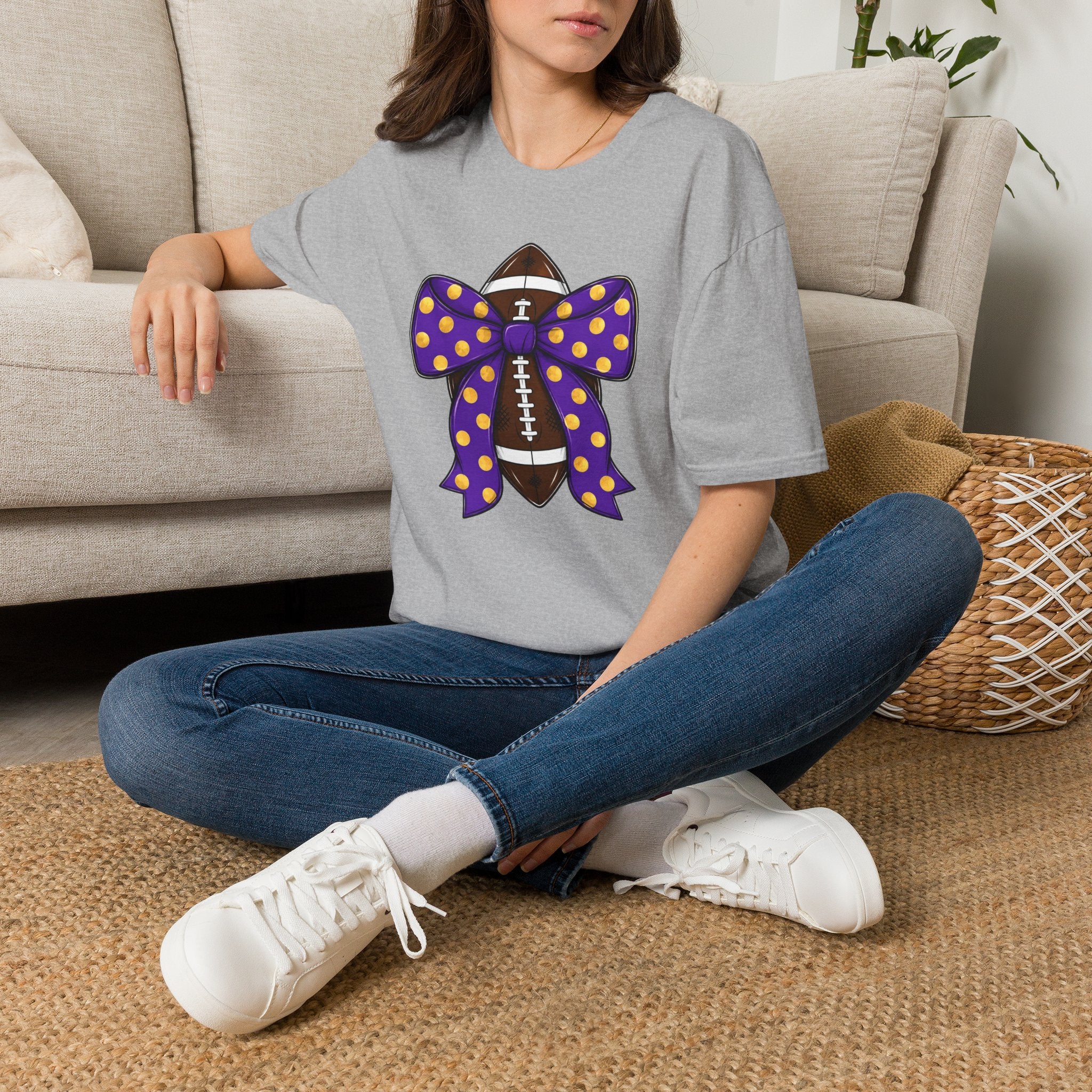 Football With Purple Polka Dot Bow T‑Shirt