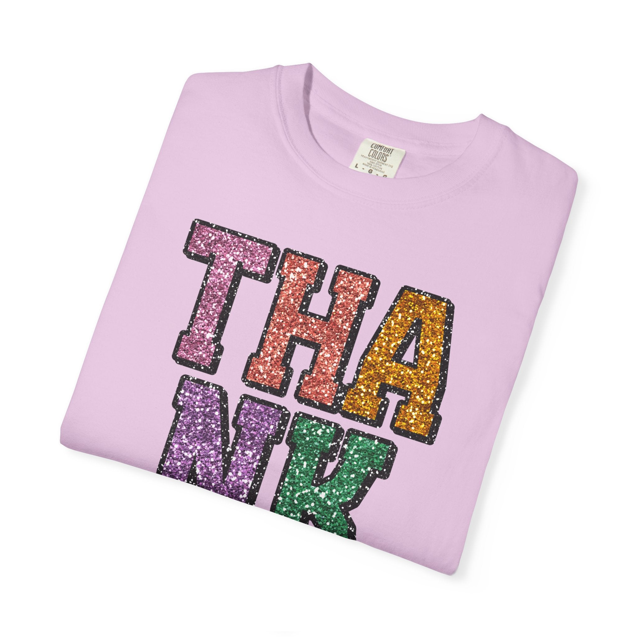Thankful Glitter Block Tee - Colorful Thanksgiving Gratitude T-Shirt