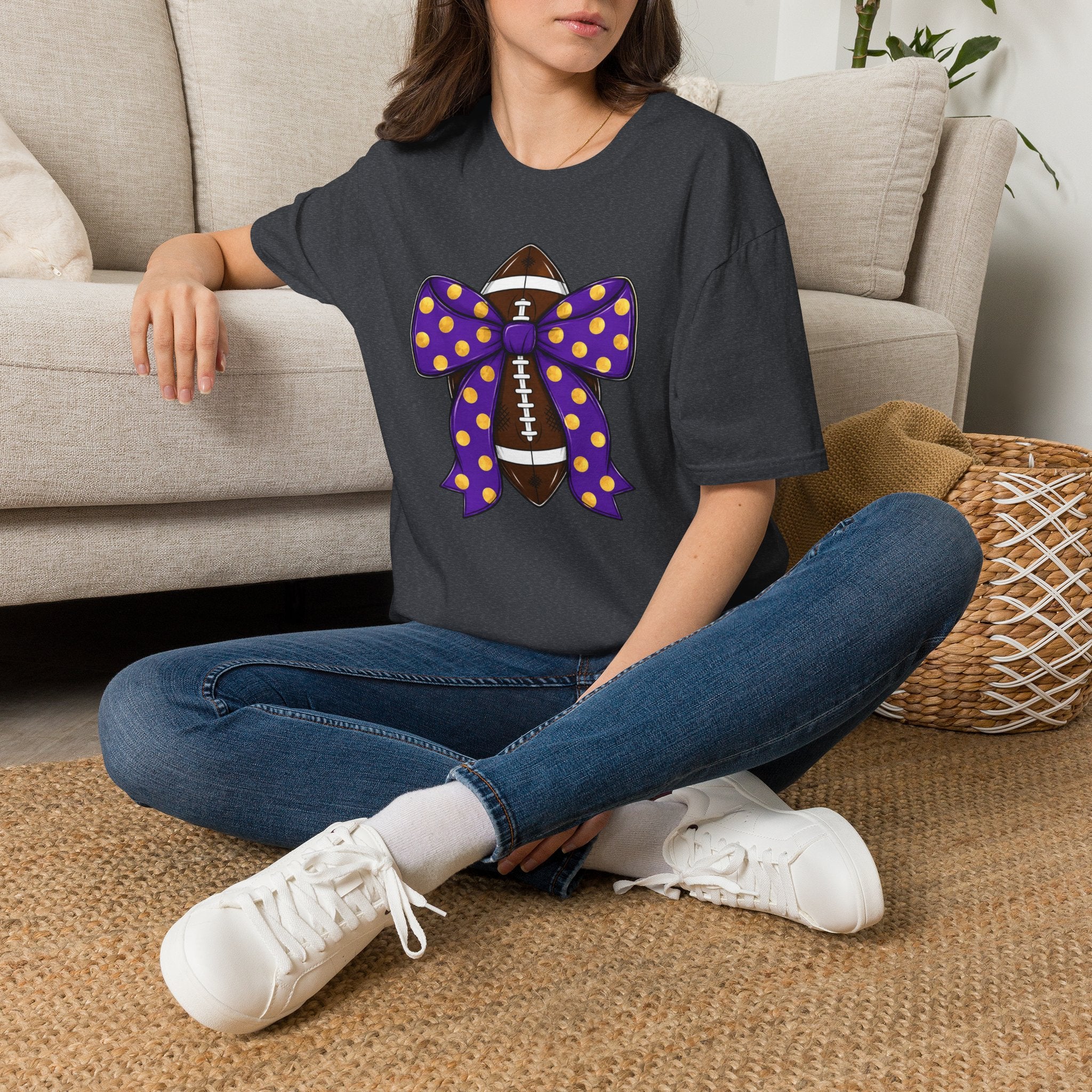 Football With Purple Polka Dot Bow T‑Shirt