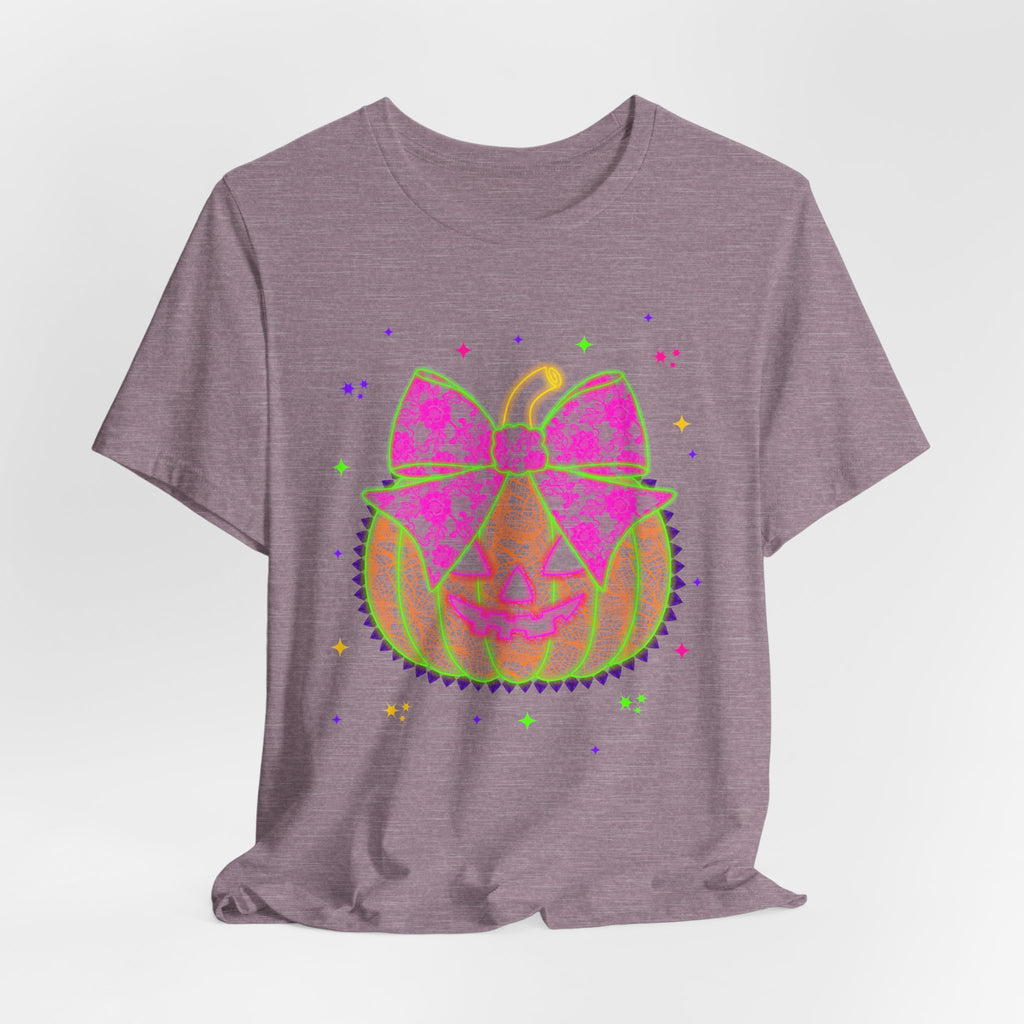 Neon Pumpkin Bow T-Shirt — Cute Glowing Halloween Jack-O'-Lantern Tee
