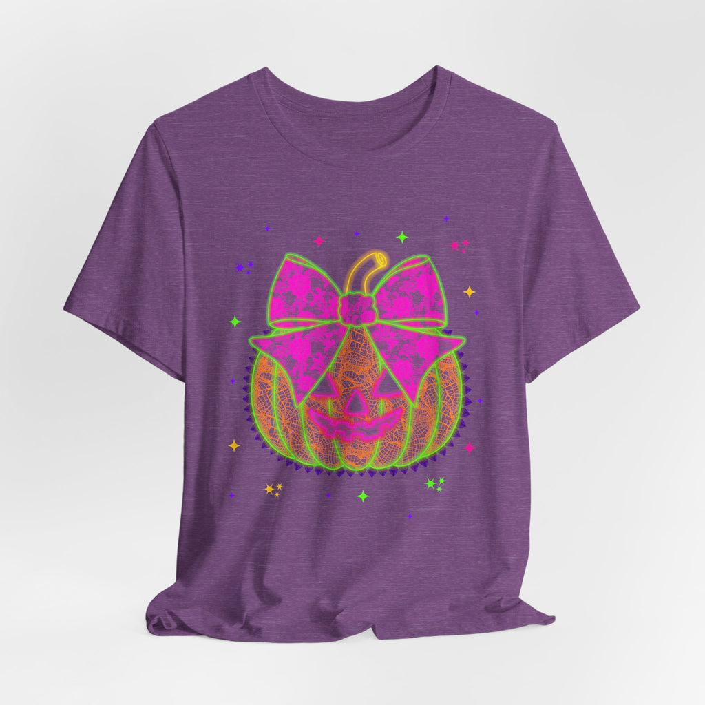 Neon Pumpkin Bow T-Shirt — Cute Glowing Halloween Jack-O'-Lantern Tee