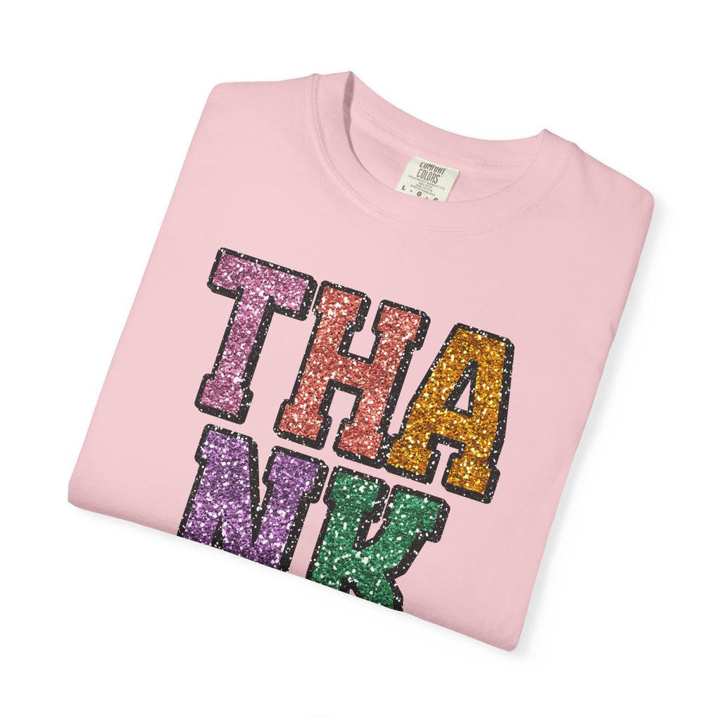 Thankful Glitter Block Tee - Colorful Thanksgiving Gratitude T-Shirt
