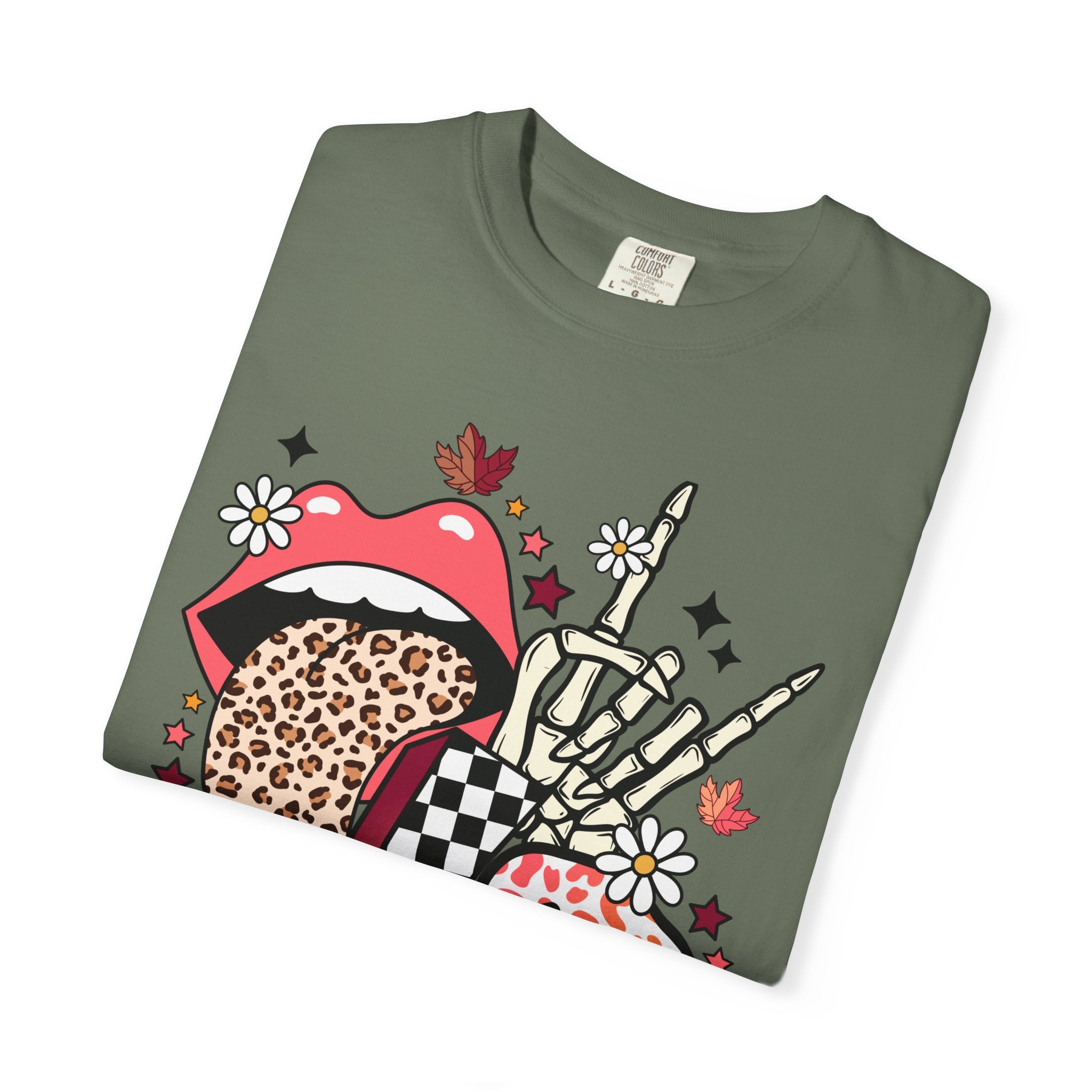 Graphic T-Shirt — Retro Halloween Collage (pumpkin, melting skull, checkerboard, leopard tongue)