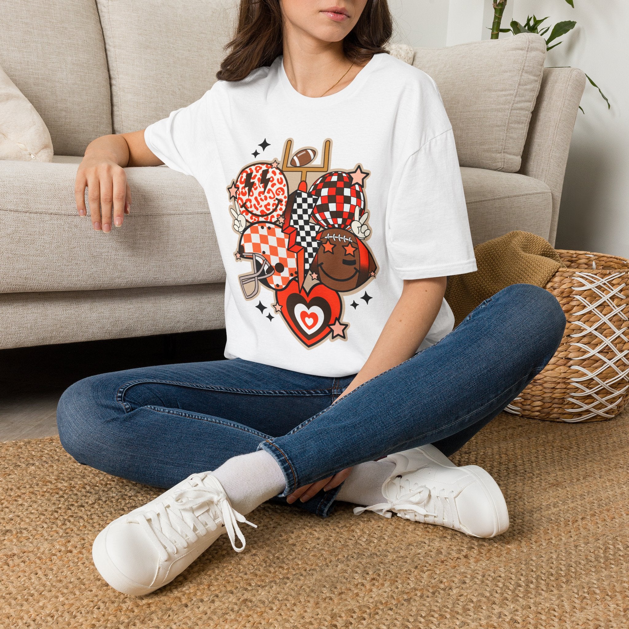 Checker Football Balloons Tee — Orange Game Day Shirt