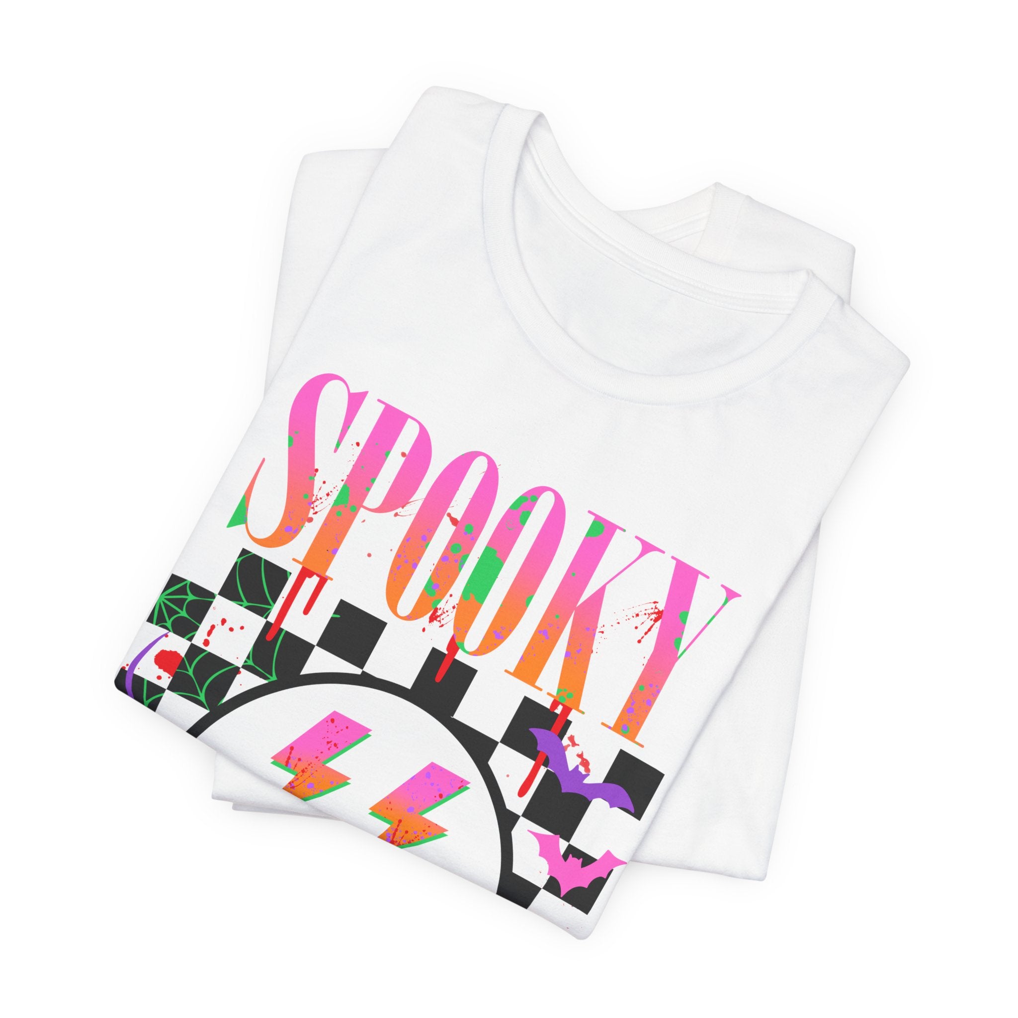 Spooky Checkerboard Tee — Neon Ghost Lightning Graphic T‑Shirt