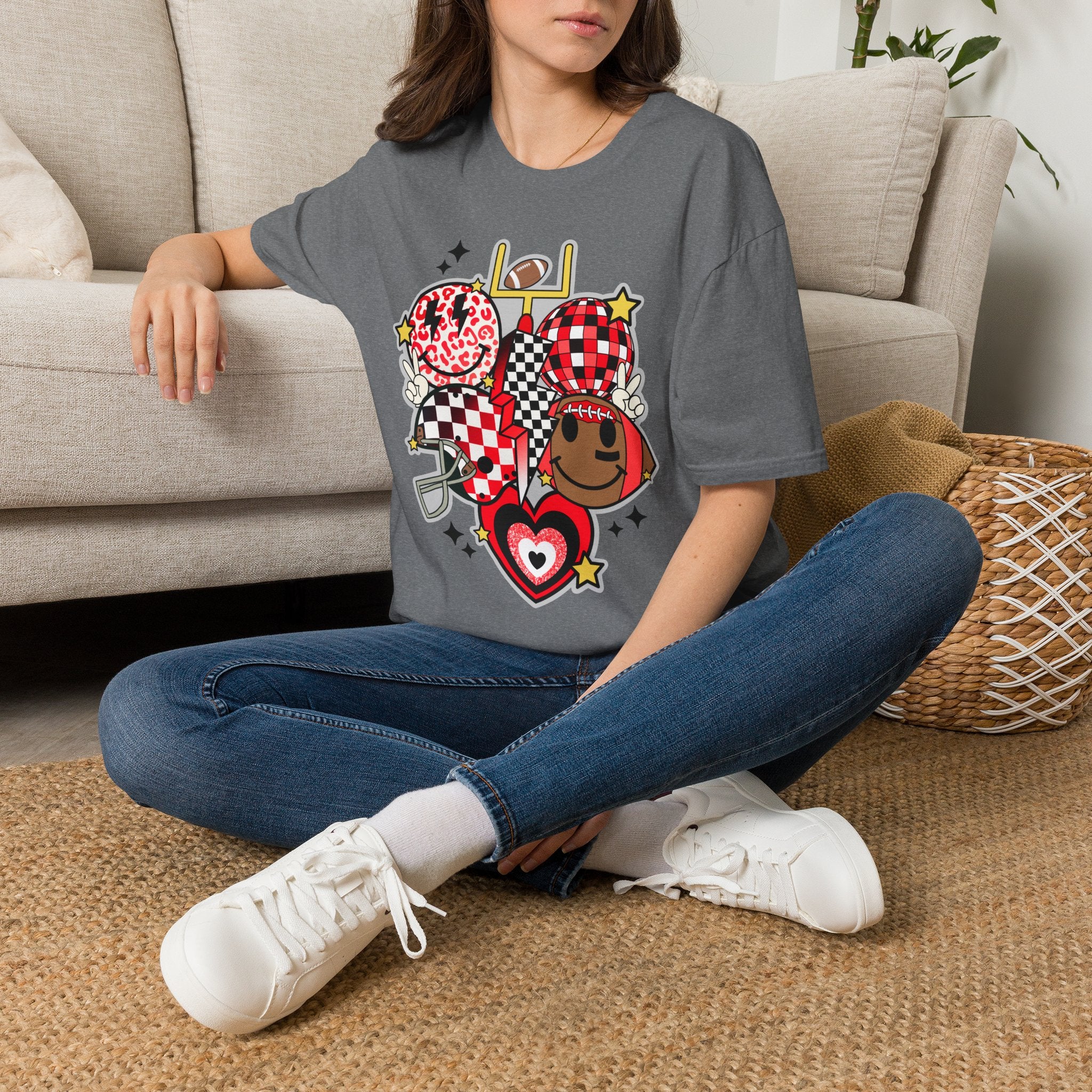 Football Love Graphic T-Shirt — Cute Checker & Heart Helmet Design