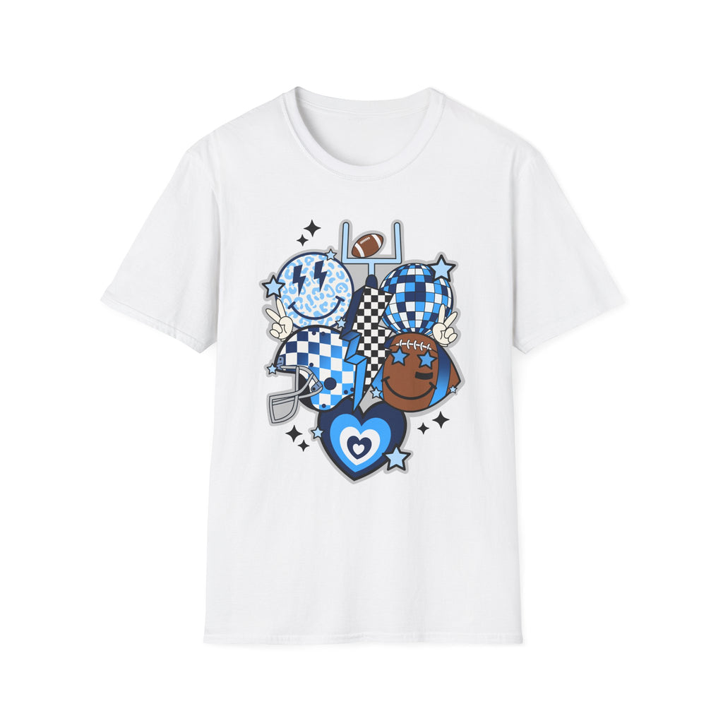 Blue Football Crew Graphic T‑Shirt — Checkerboard Smiley Tailgate Tee