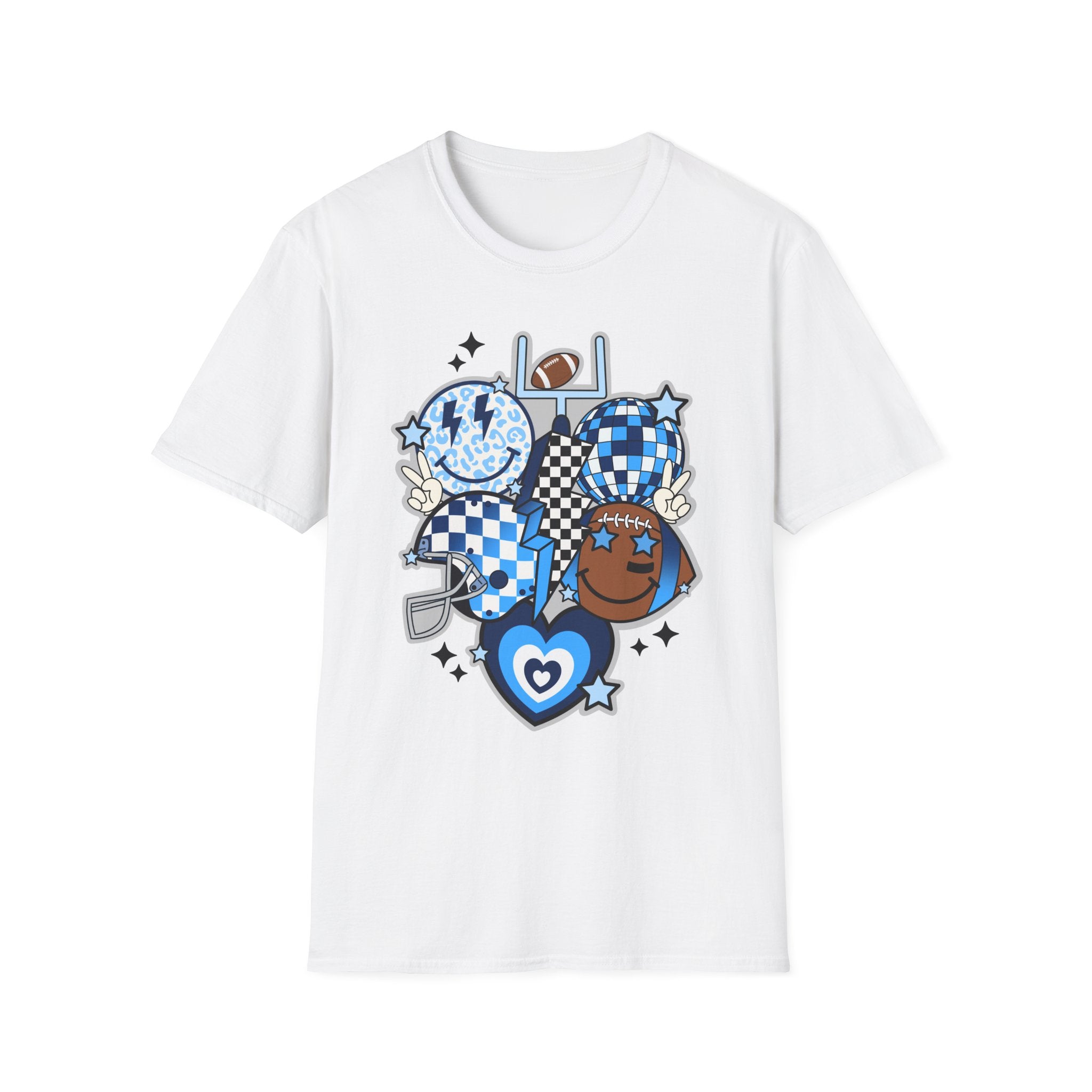 Blue Football Crew Graphic T‑Shirt — Checkerboard Smiley Tailgate Tee
