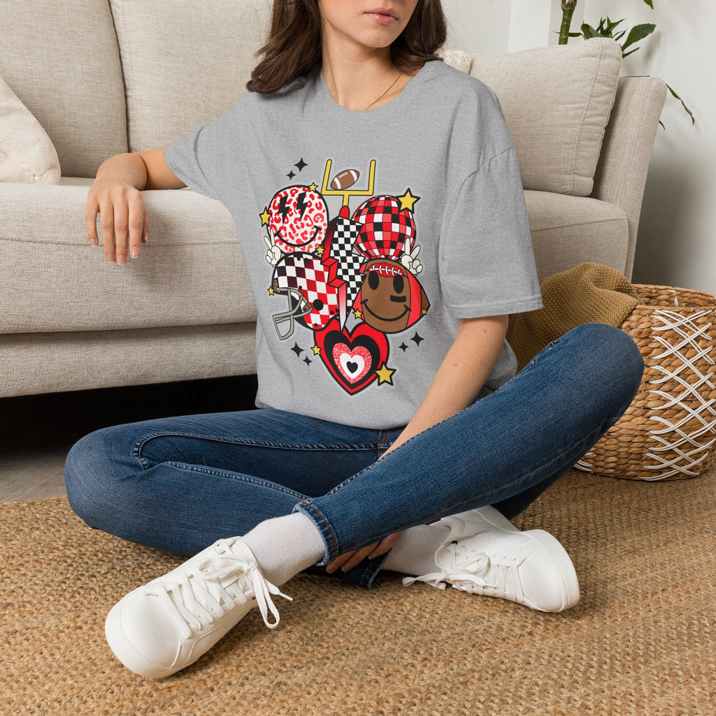Football Love Graphic T-Shirt — Cute Checker & Heart Helmet Design
