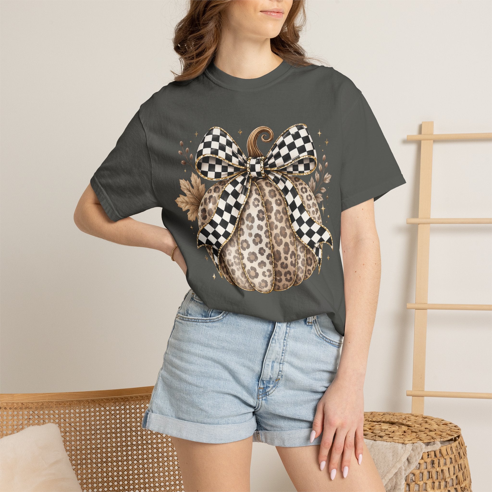 Leopard Pumpkin Tee with Black & White Check Bow — Fall Graphic T-Shirt