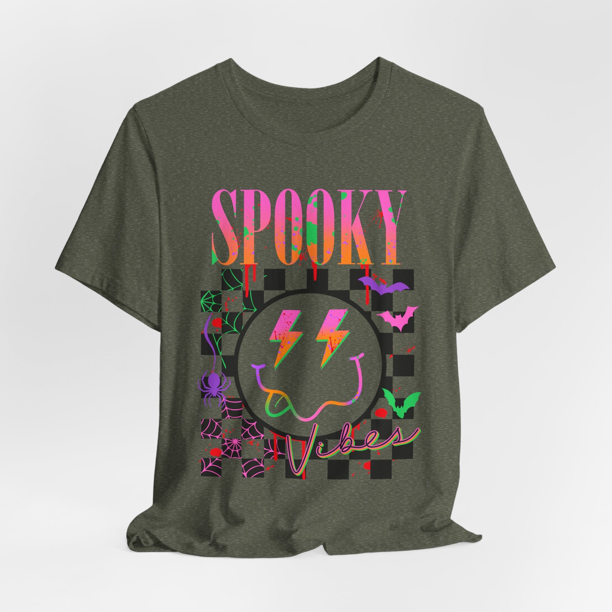 Spooky Checkerboard Tee — Neon Ghost Lightning Graphic T‑Shirt