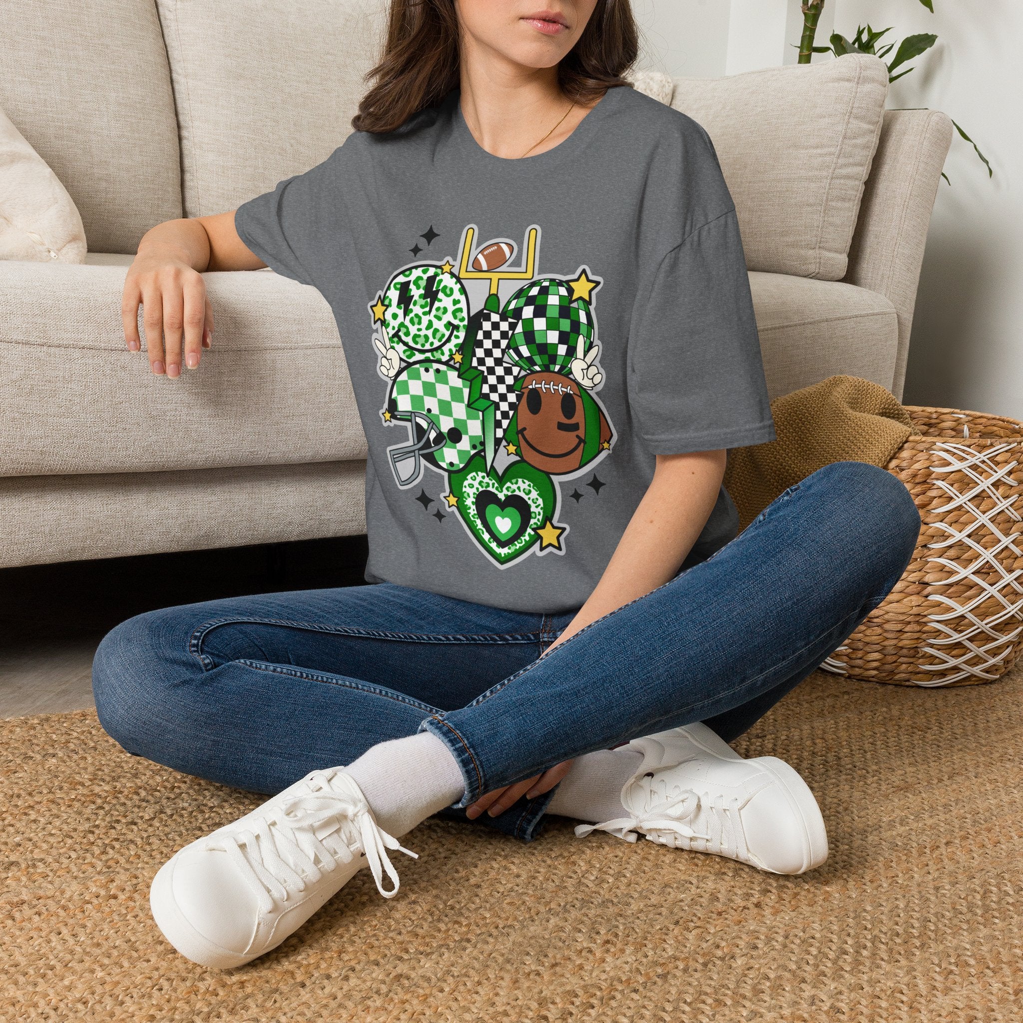 Football Green Checker Crewneck T-Shirt — St. Patrick’s Game Day Graphic