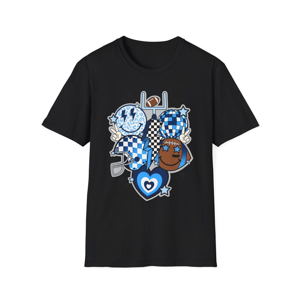 Blue Football Crew Graphic T‑Shirt — Checkerboard Smiley Tailgate Tee