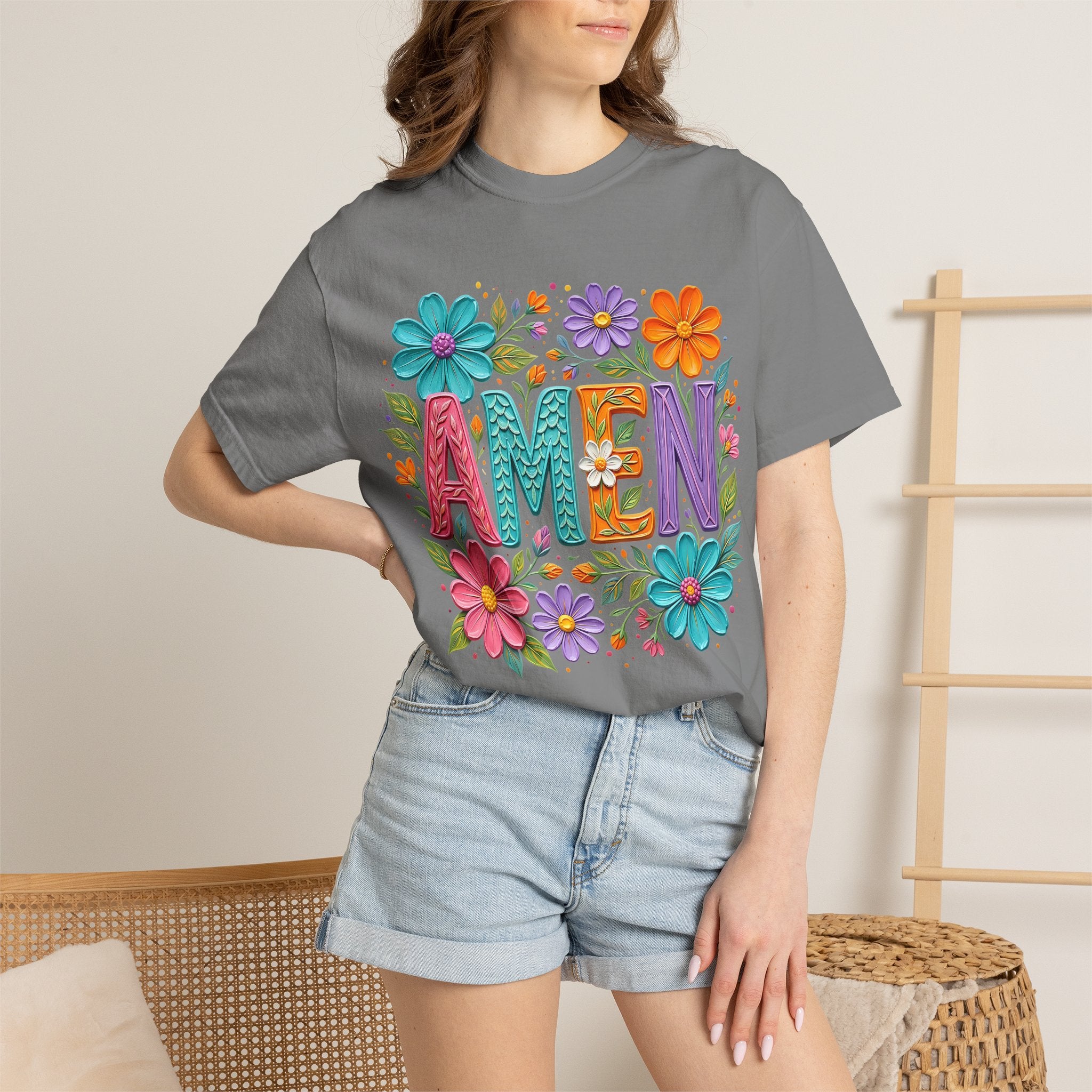 Amen Floral T-Shirt — Colorful Retro Flowers Graphic Tee