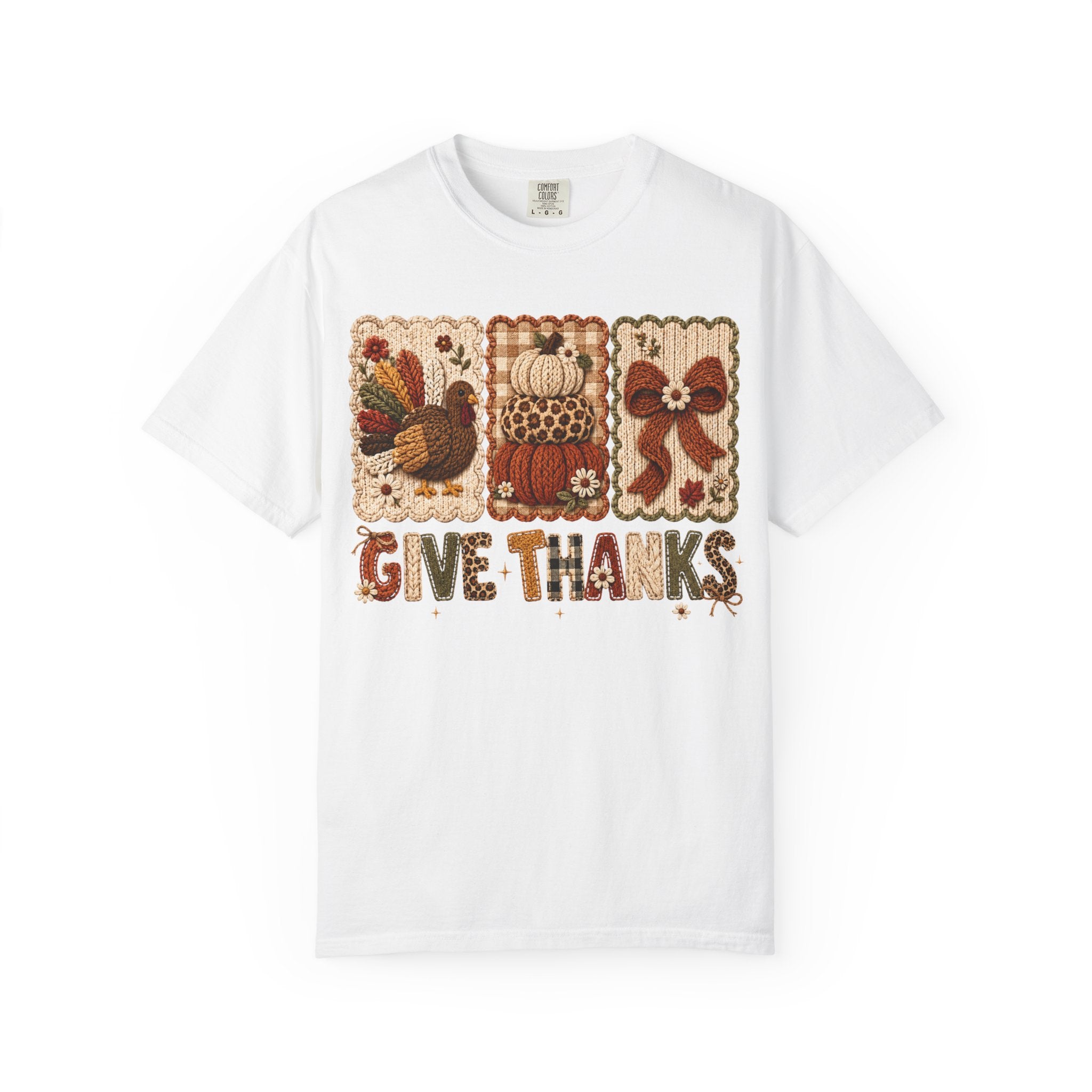 Give Thanks Thanksgiving T-Shirt — Autumn Turkey, Pumpkin & Bow Fall Tee