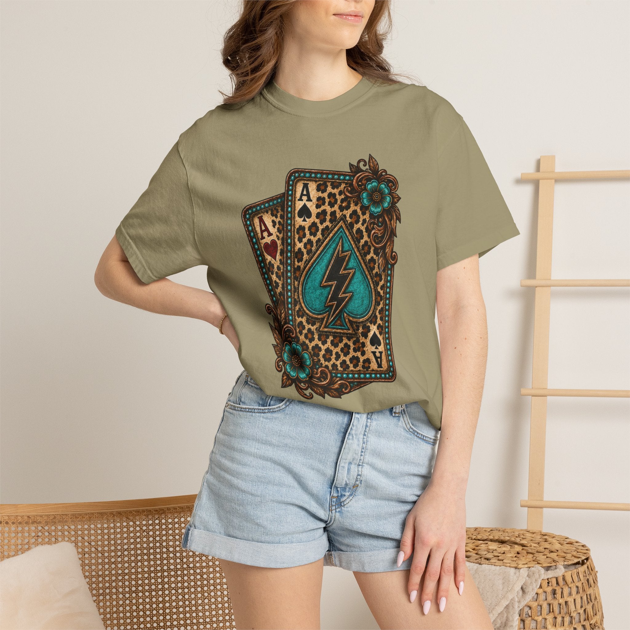 Leopard Ace Playing Cards T-Shirt — Turquoise Lightning Spade Graphic
