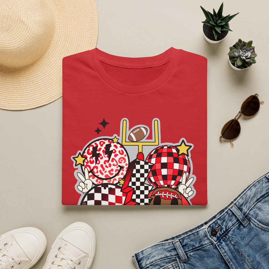Football Love Graphic T-Shirt — Cute Checker & Heart Helmet Design