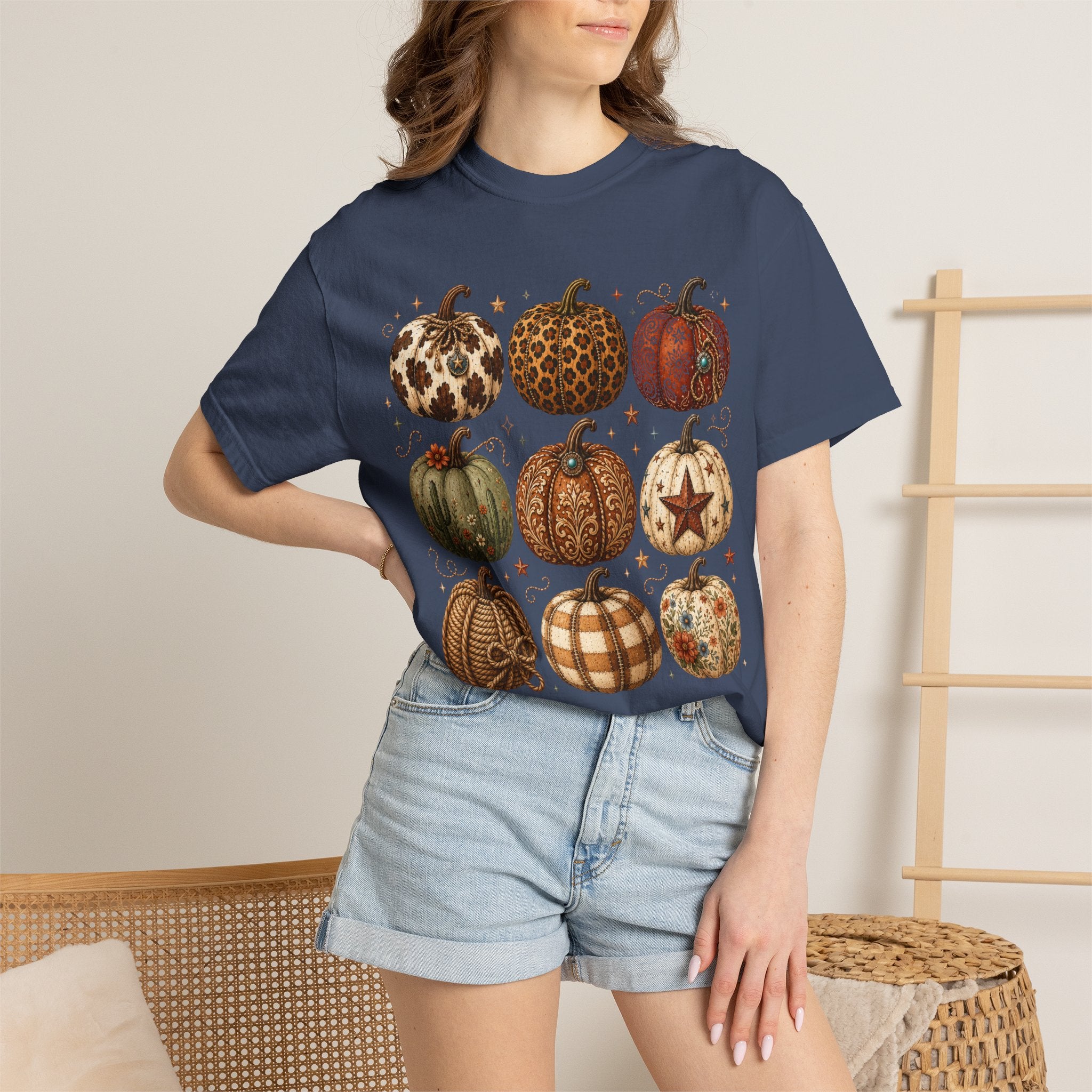Vintage Patterned Pumpkins T-Shirt — Fall Buffalo Check & Leopard Pumpkin Graphic