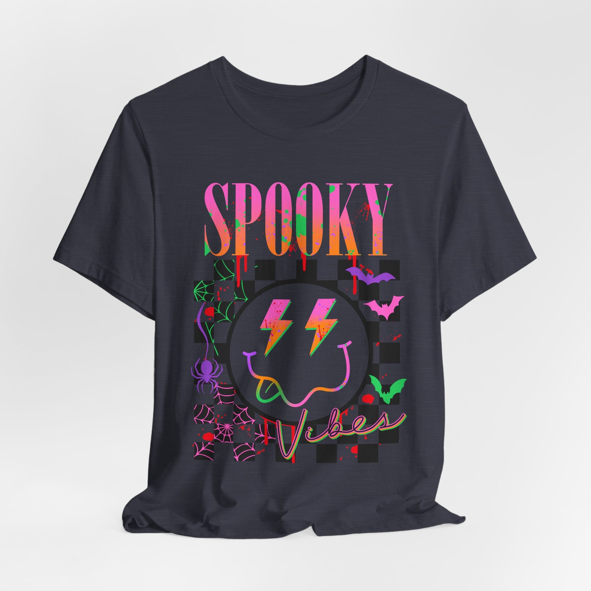 Spooky Checkerboard Tee — Neon Ghost Lightning Graphic T‑Shirt