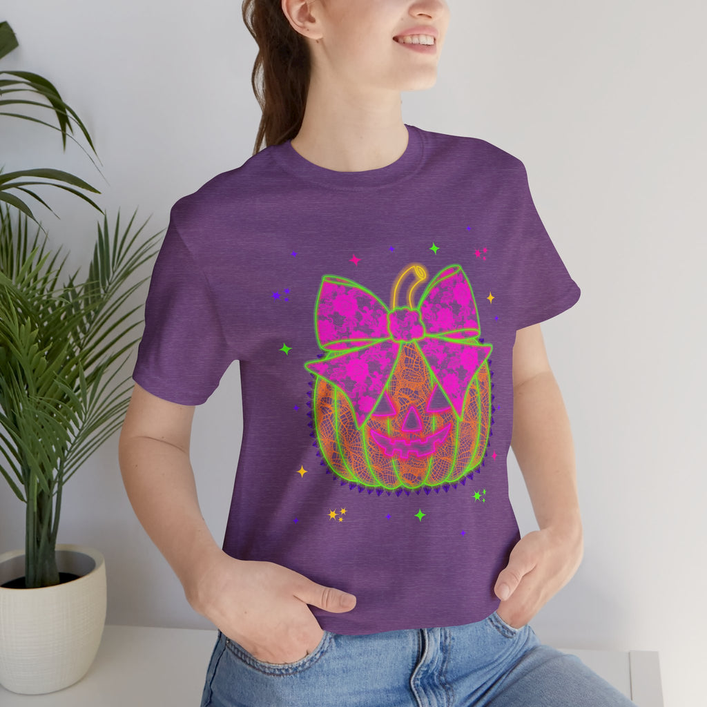 Neon Pumpkin Bow T-Shirt — Cute Glowing Halloween Jack-O'-Lantern Tee