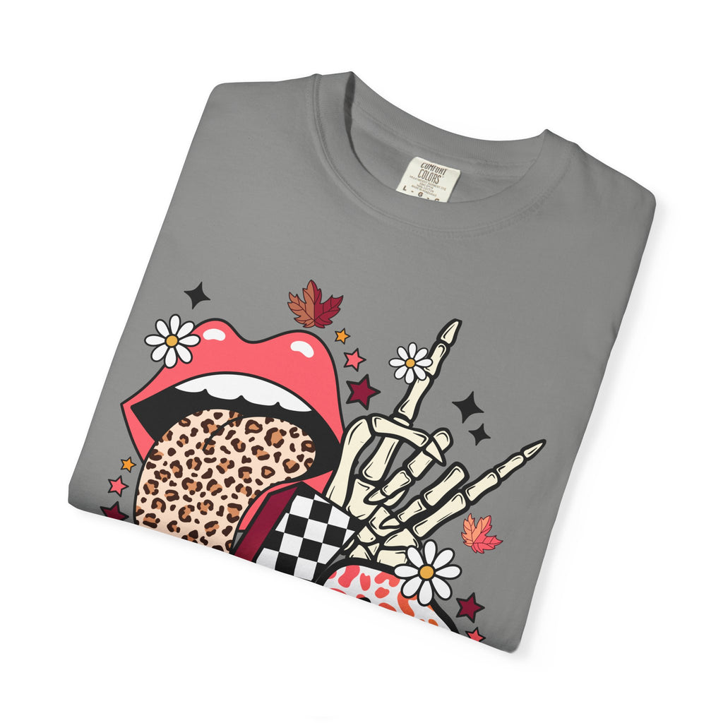 Graphic T-Shirt — Retro Halloween Collage (pumpkin, melting skull, checkerboard, leopard tongue)