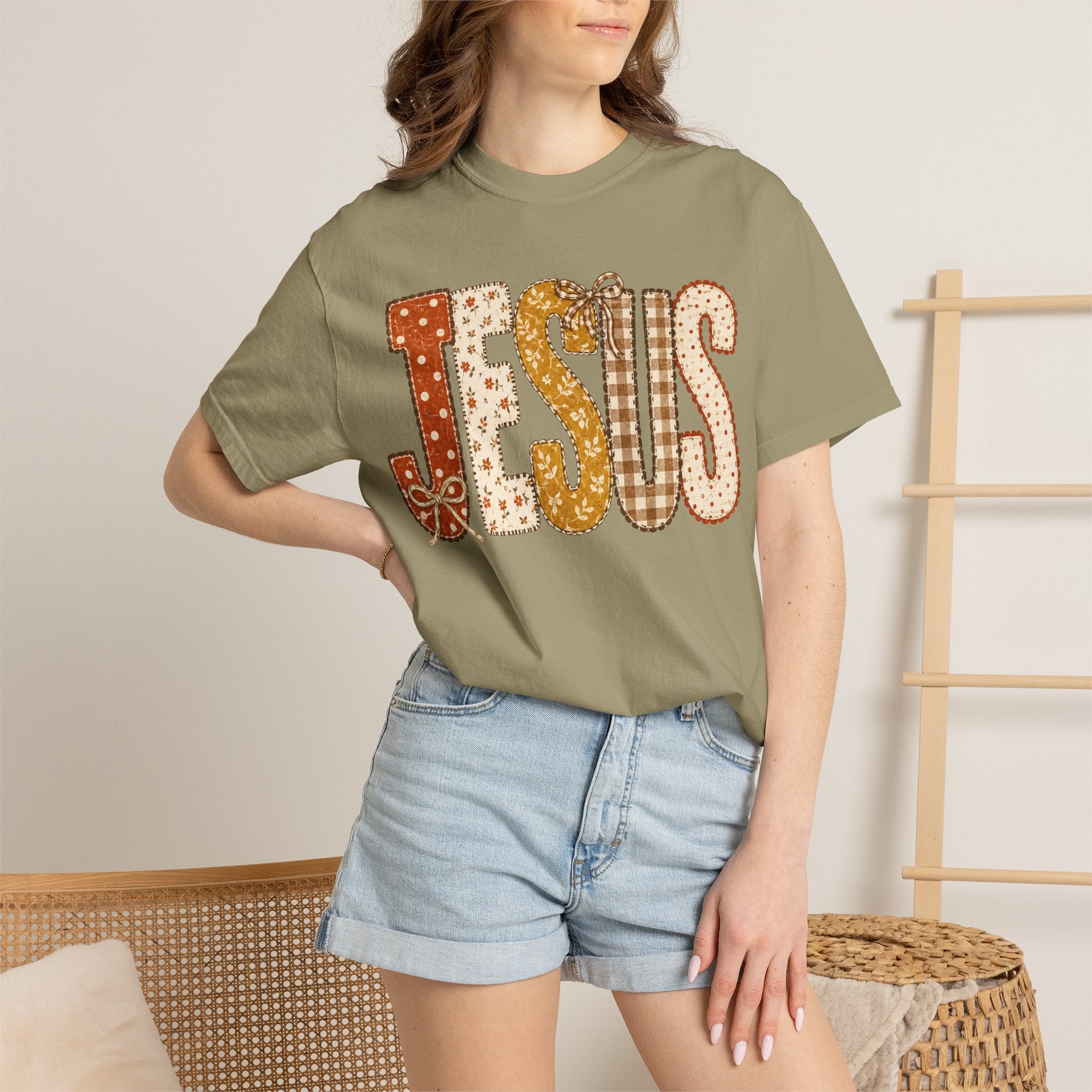 Jesus Patchwork T‑Shirt — Retro Plaid & Paisley Faith Tee