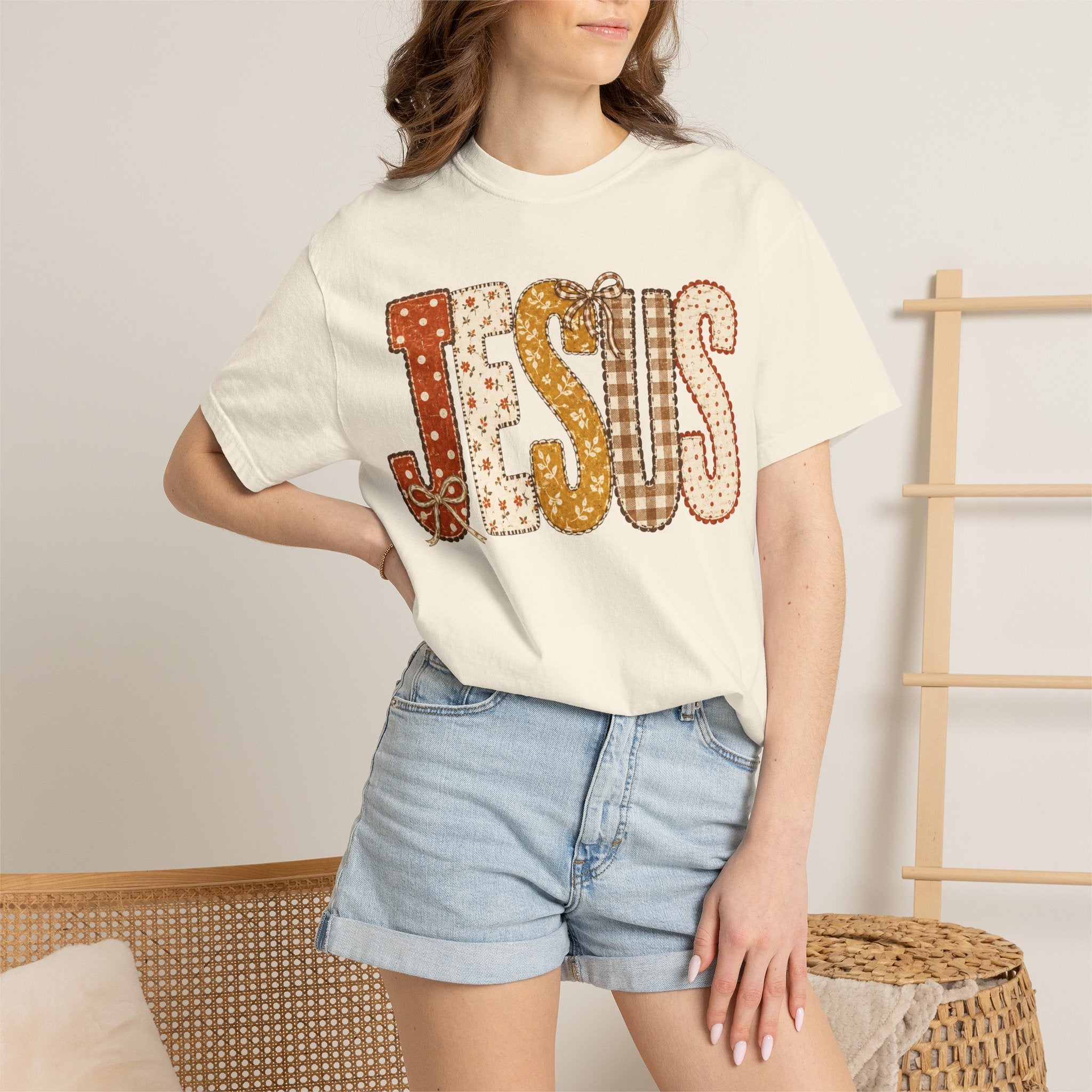 Jesus Patchwork T‑Shirt — Retro Plaid & Paisley Faith Tee