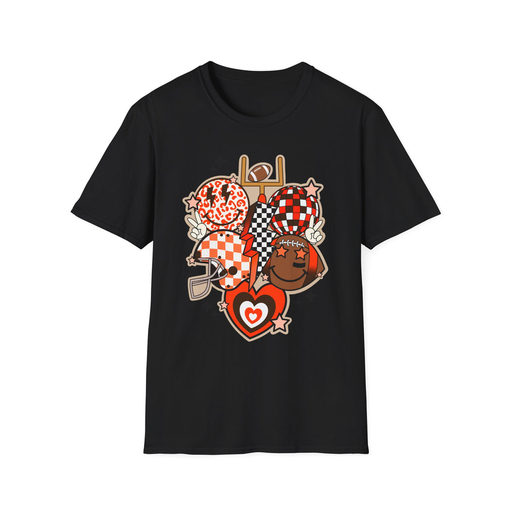 Checker Football Balloons Tee — Orange Game Day Shirt