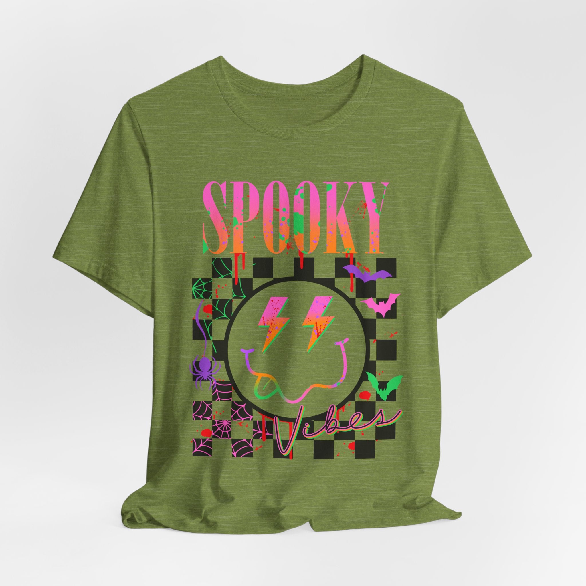 Spooky Checkerboard Tee — Neon Ghost Lightning Graphic T‑Shirt