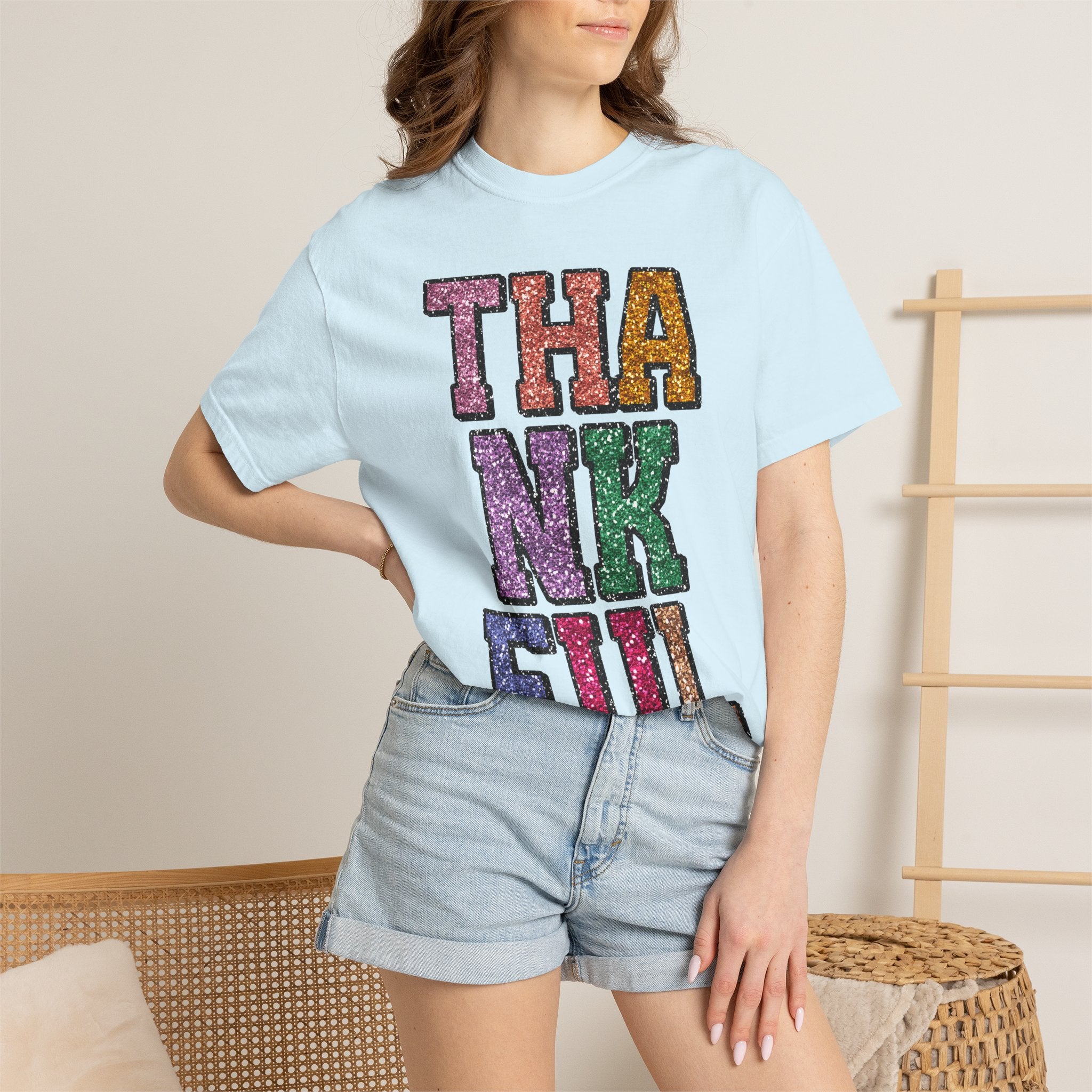 Thankful Glitter Block Tee - Colorful Thanksgiving Gratitude T-Shirt